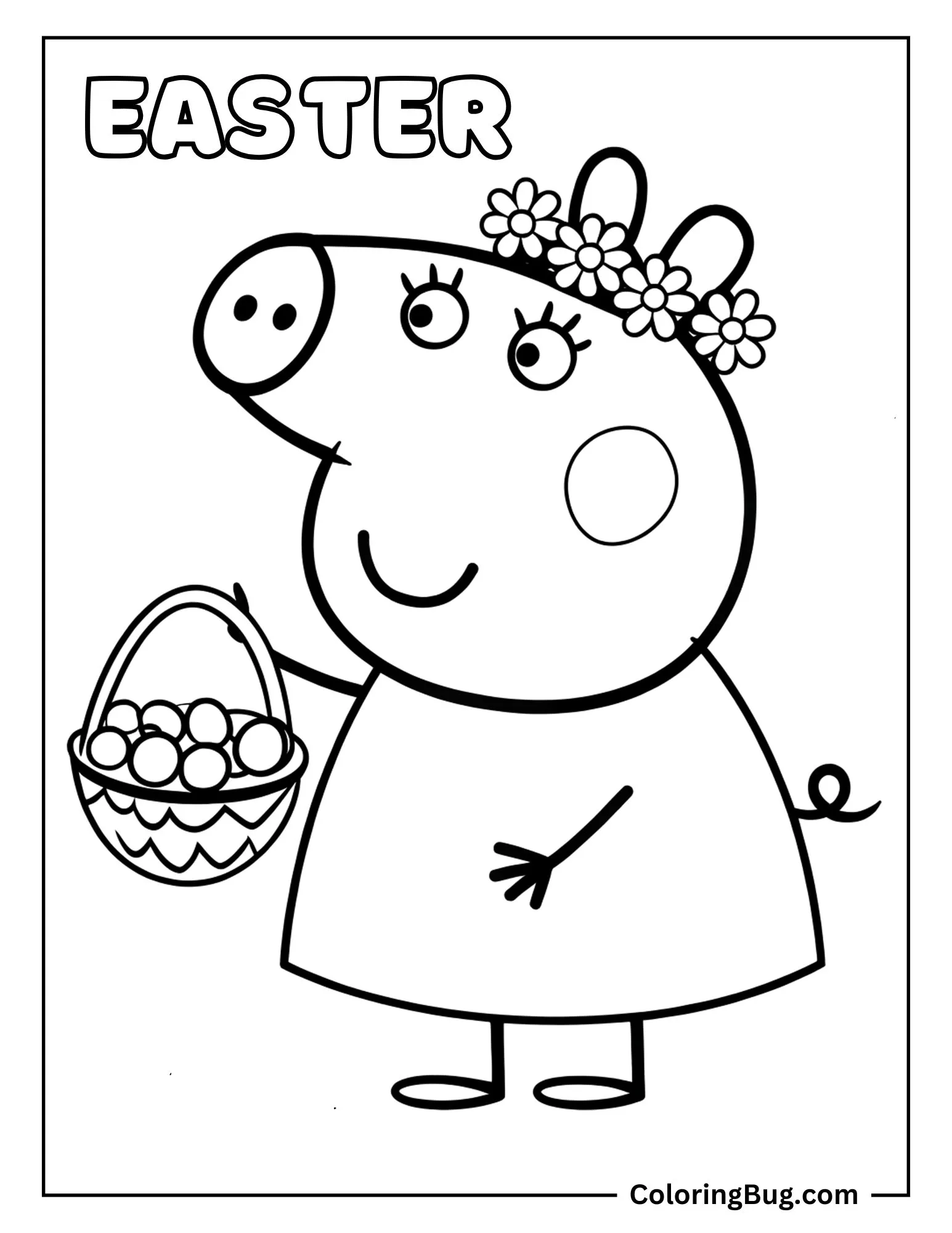 Peppa Pig Wearing Flowers Crown Holding Easter Eggs Basket Coloring Sheet