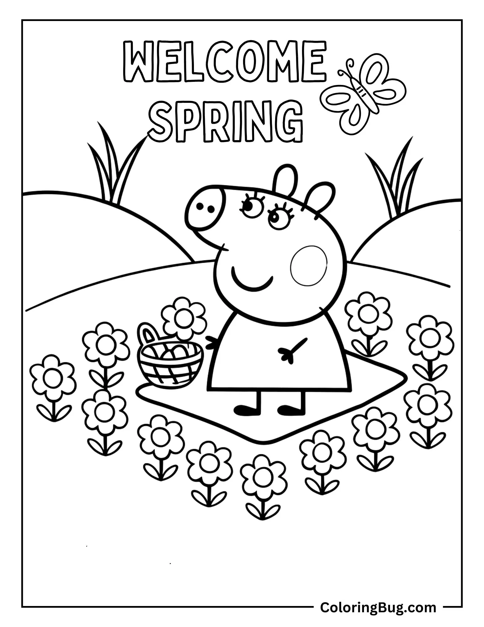 Peppa Pig With Picnic Basket in Meadow  Coloring Sheet