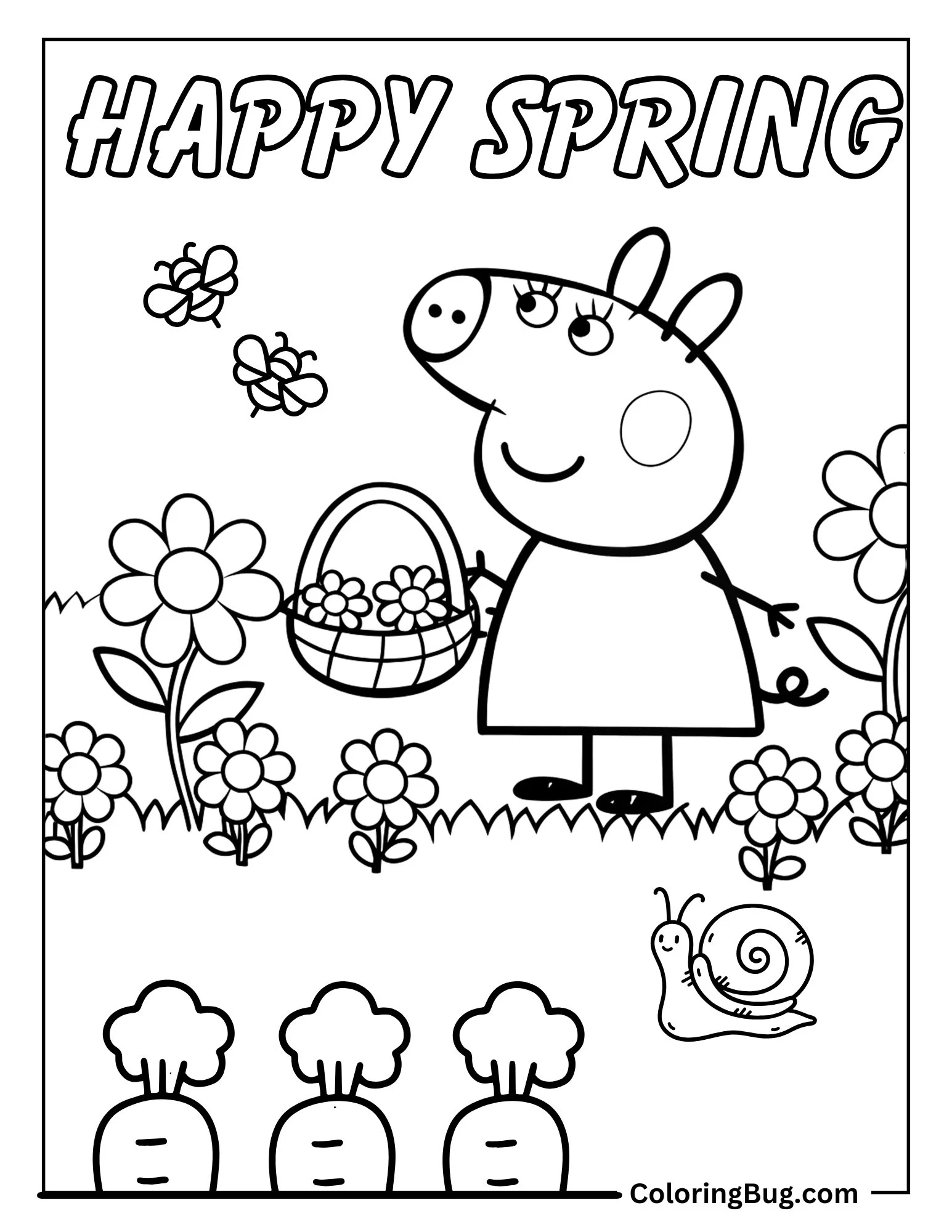 Peppa Pig in Garden With Flowers, Bees, And Snail  Coloring Sheet