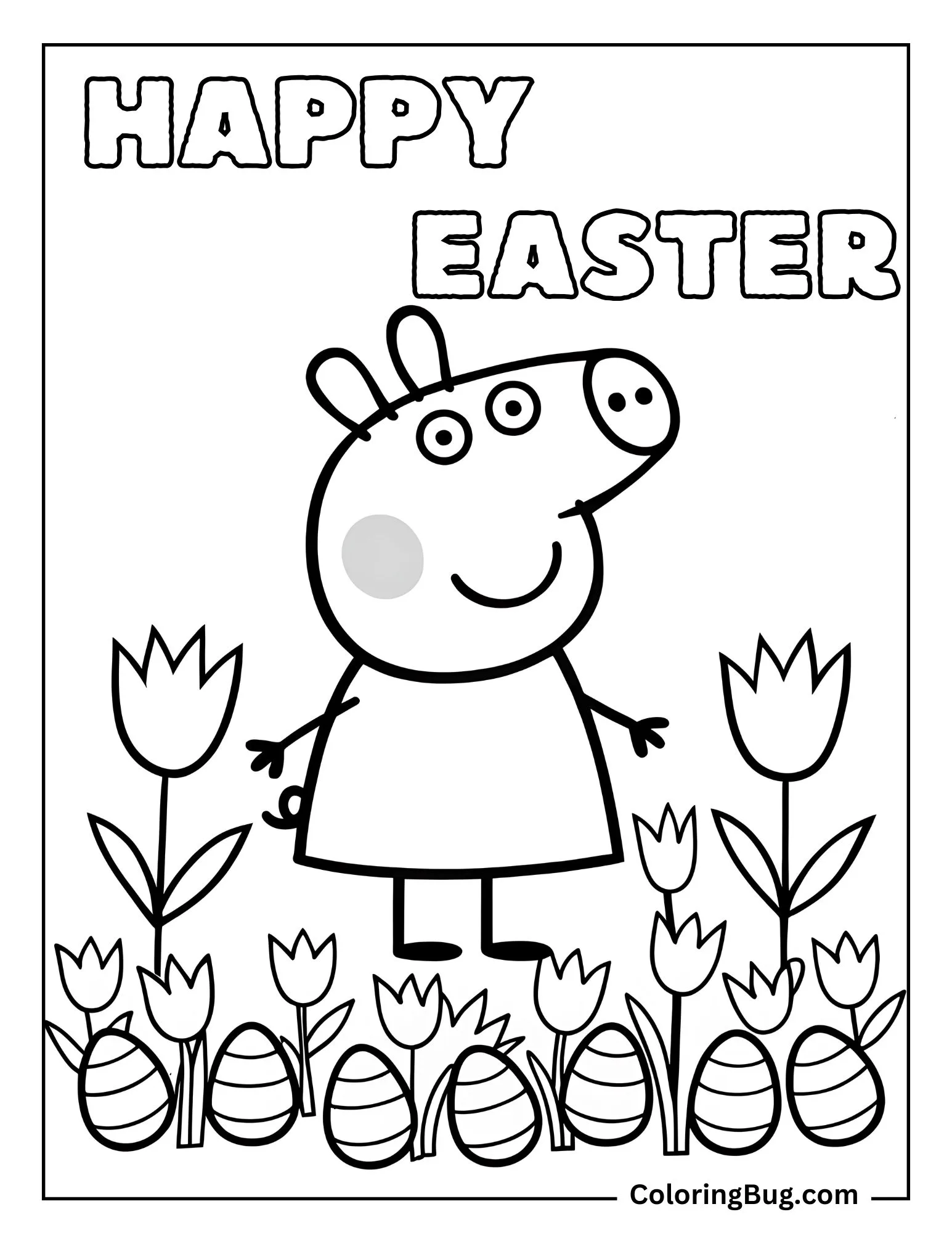 Peppa Pig in The Field of Tulips With Hidden Easter Eggs Coloring Sheet