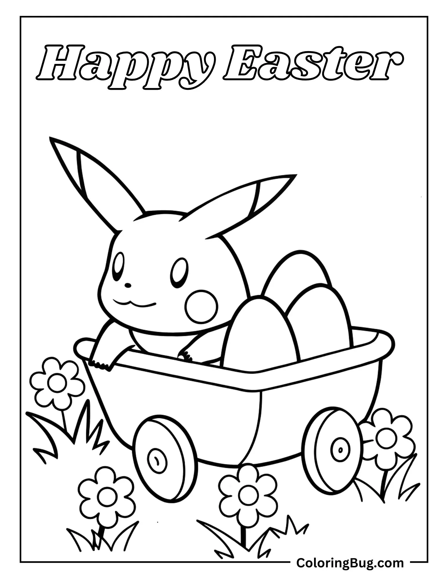Pikachu Sitting Inside Easter Eggs CartColoring Sheet