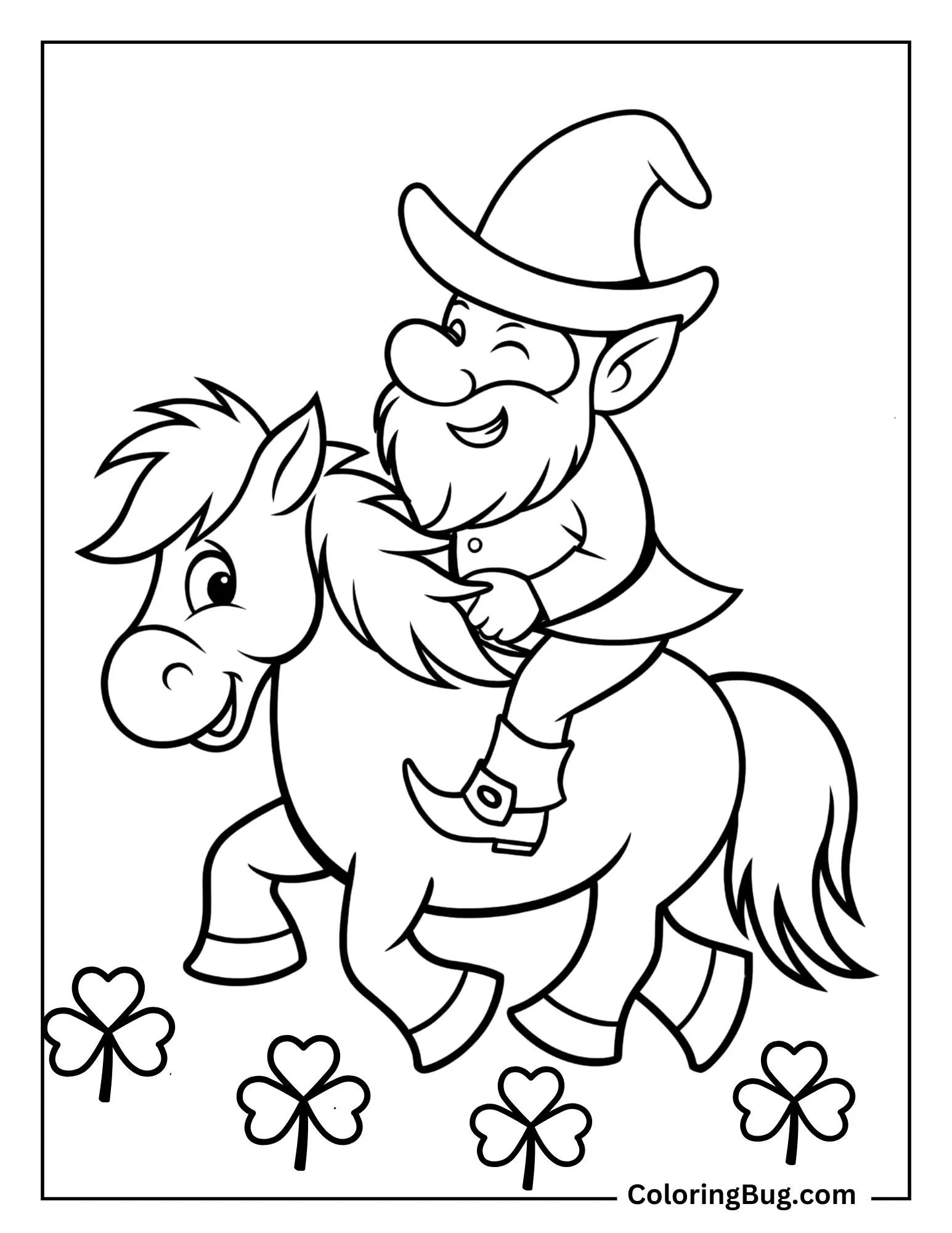 Playful Leprechaun Riding a Mischievous Pony Coloring Sheet