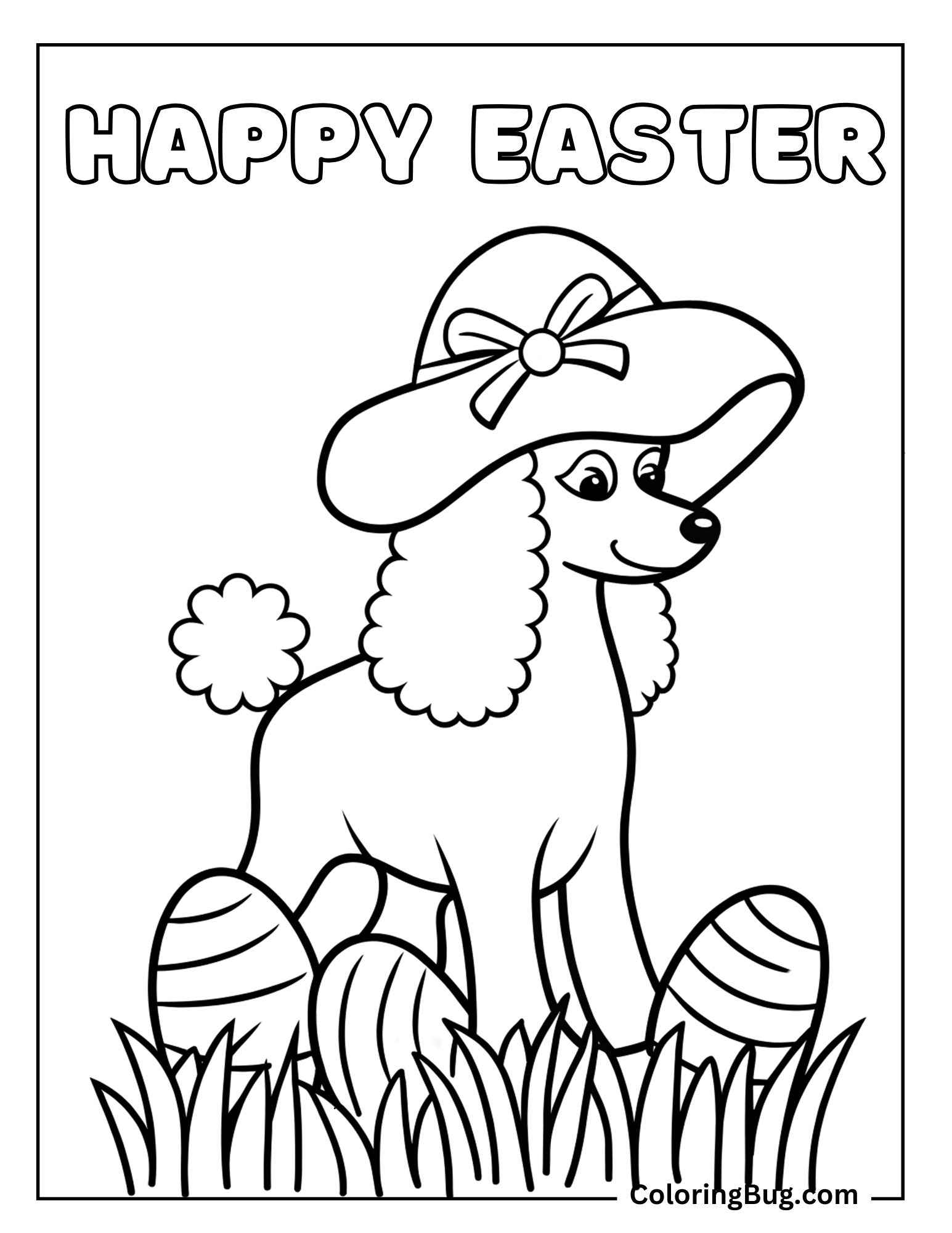 Poodle Wearing Easter Bonnet Standing in Easter Egg Field Coloring Sheet