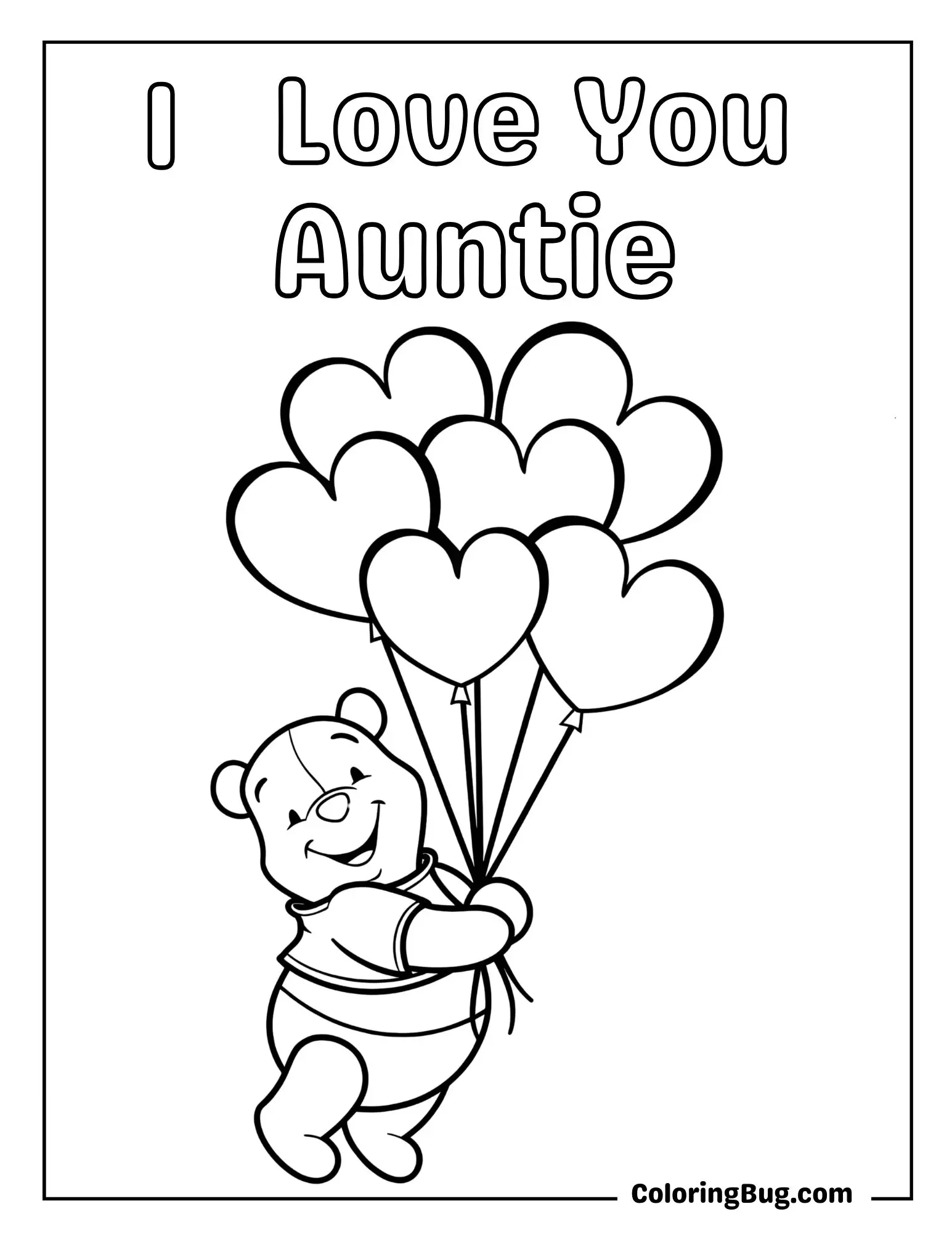 Pooh Holding a Bunch Of Heart Balloons Coloring Sheet