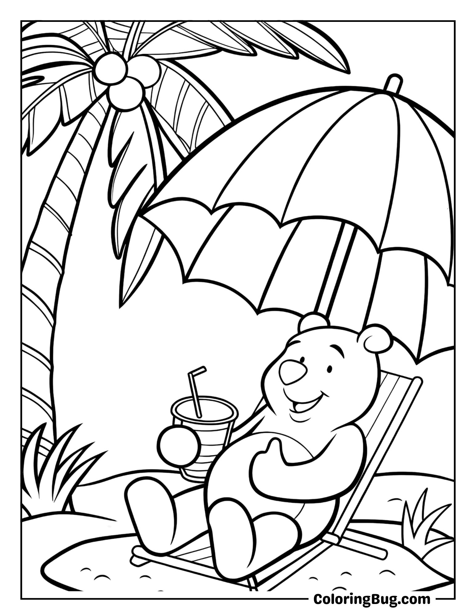 Pooh Resting Near Beach Enjoying Fresh Juice Coloring Sheet