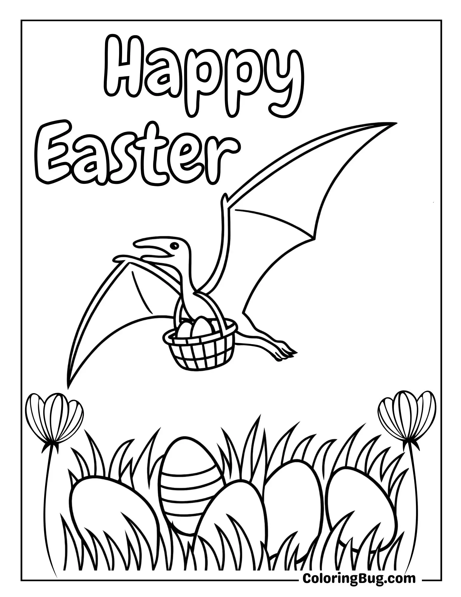 Pterodactyl Flying Over an Easter Egg Filled Meadow Coloring Sheet