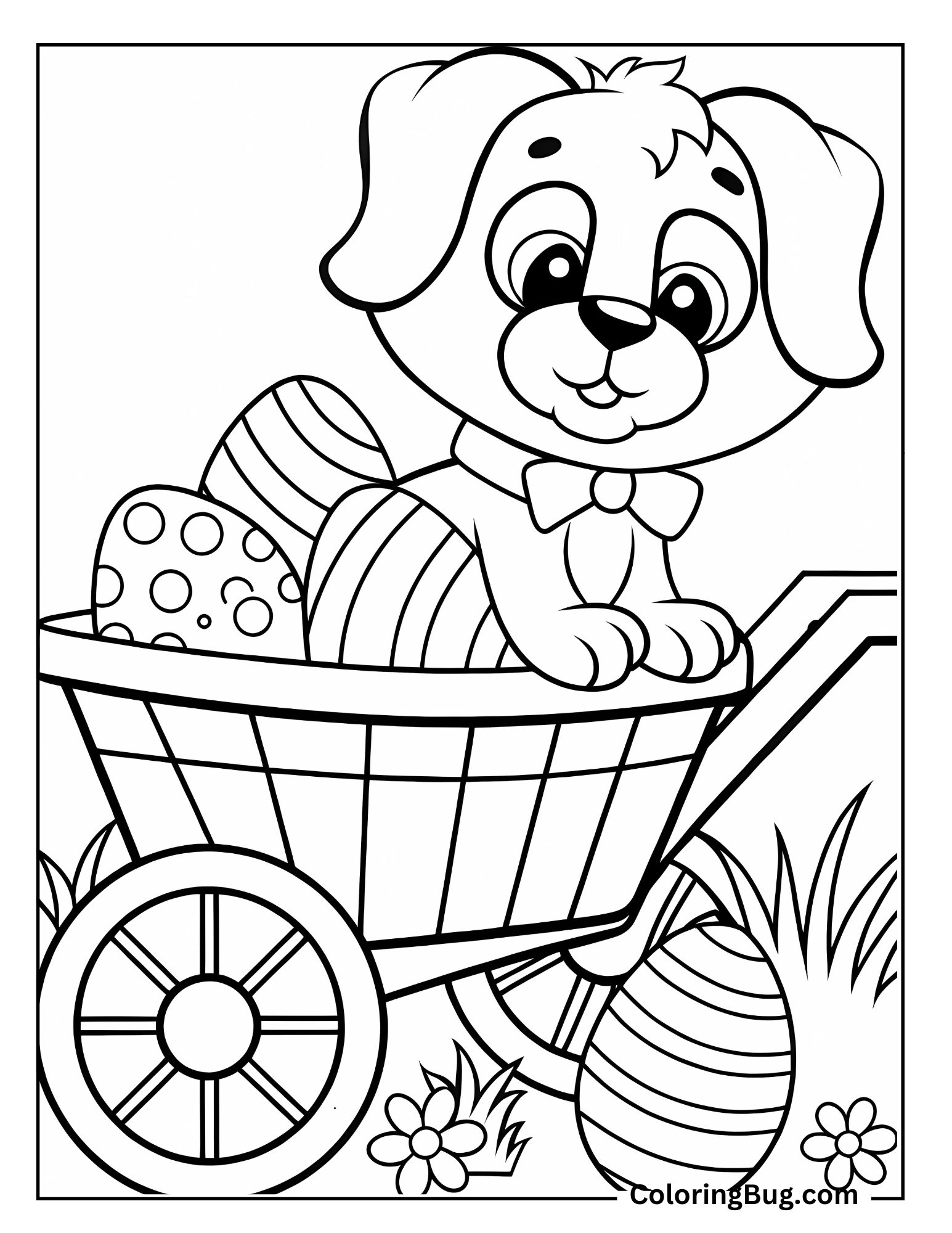 Puppy Sitting in Wheelbarrow Filled With Easter Egg Coloring Sheet