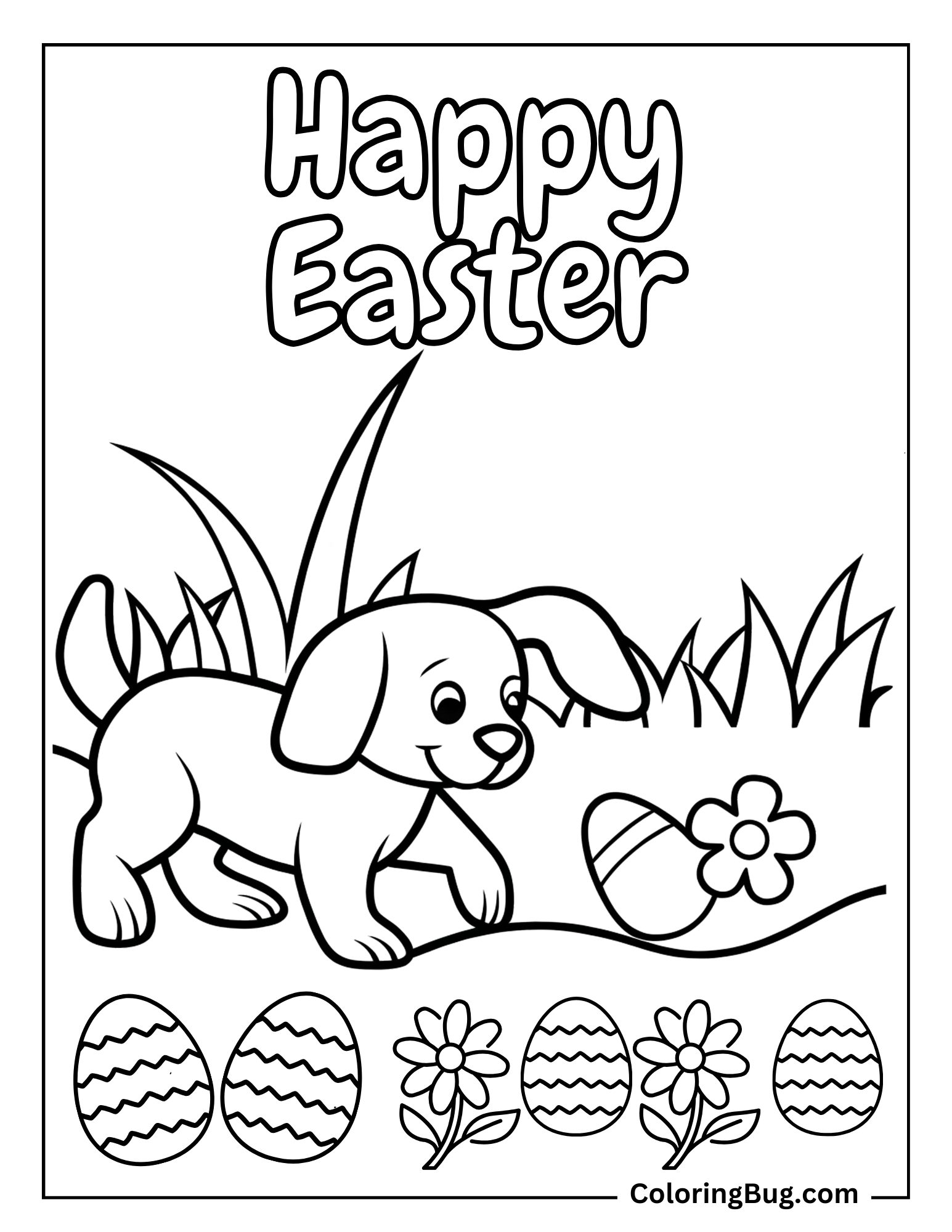 Puppy in The Meadow of Easter Egg Coloring Sheet