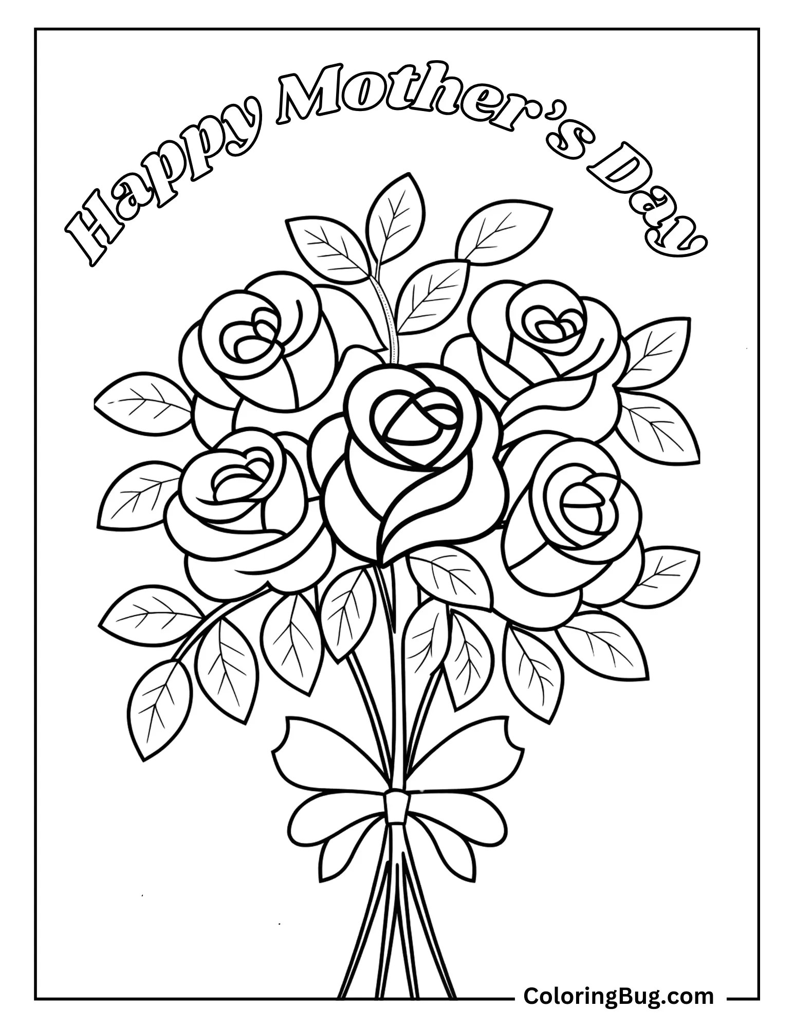 Roses Bouquet With Happy Mother's Day Text Coloring sheet
