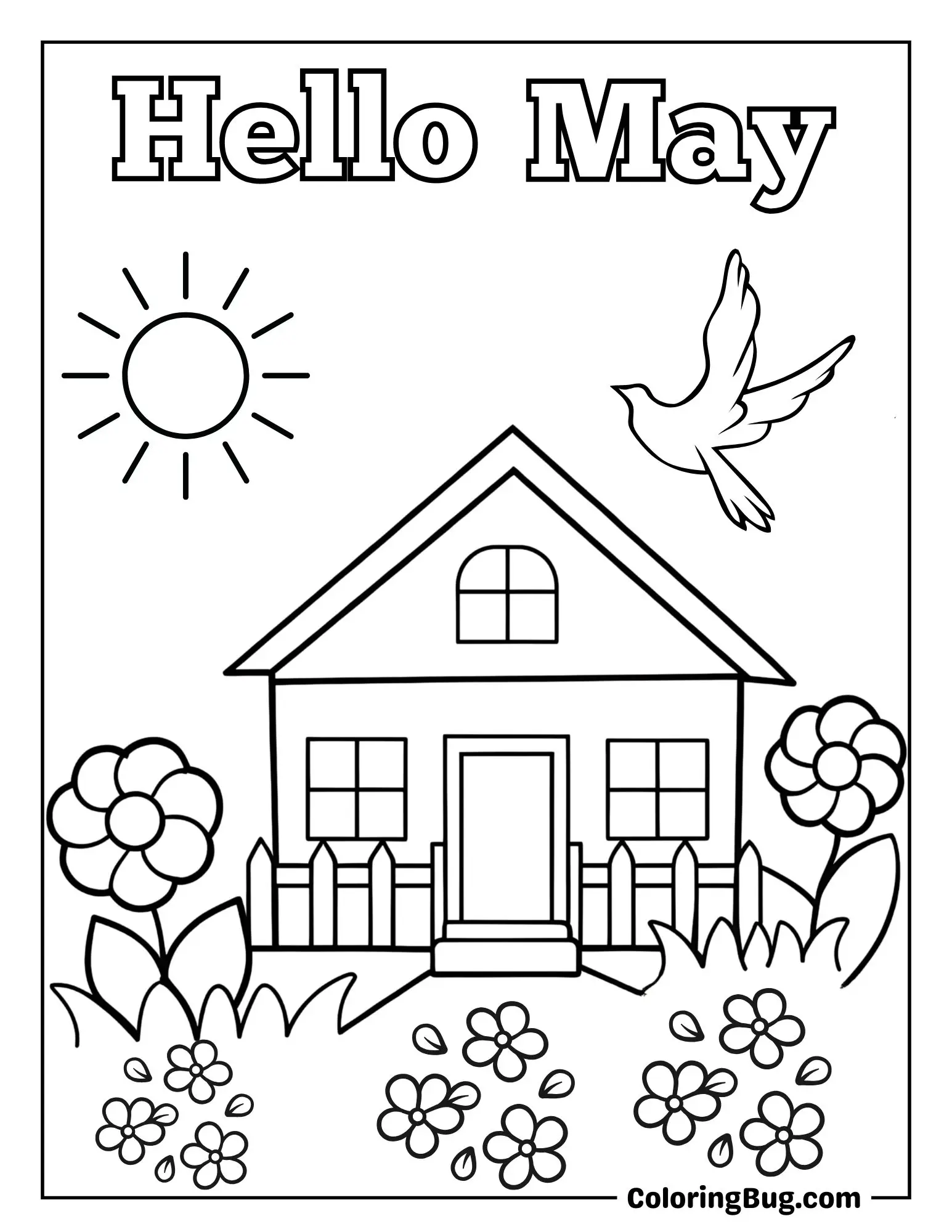 Rustic Farmhouse Surrounded by Blooming Garden Coloring Sheet