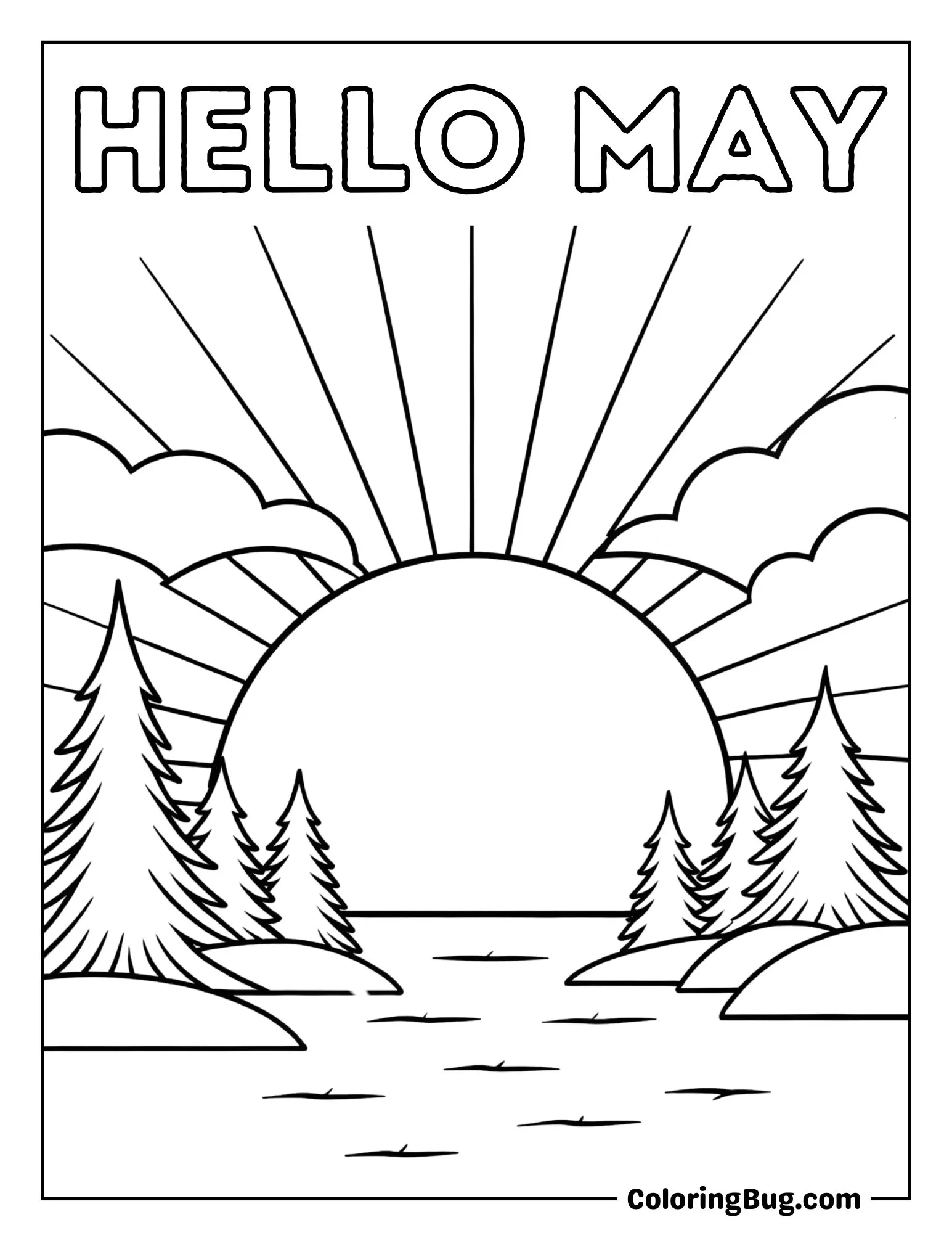 Scenic View of a May Sunset Over a Peaceful Lake Coloring Sheet