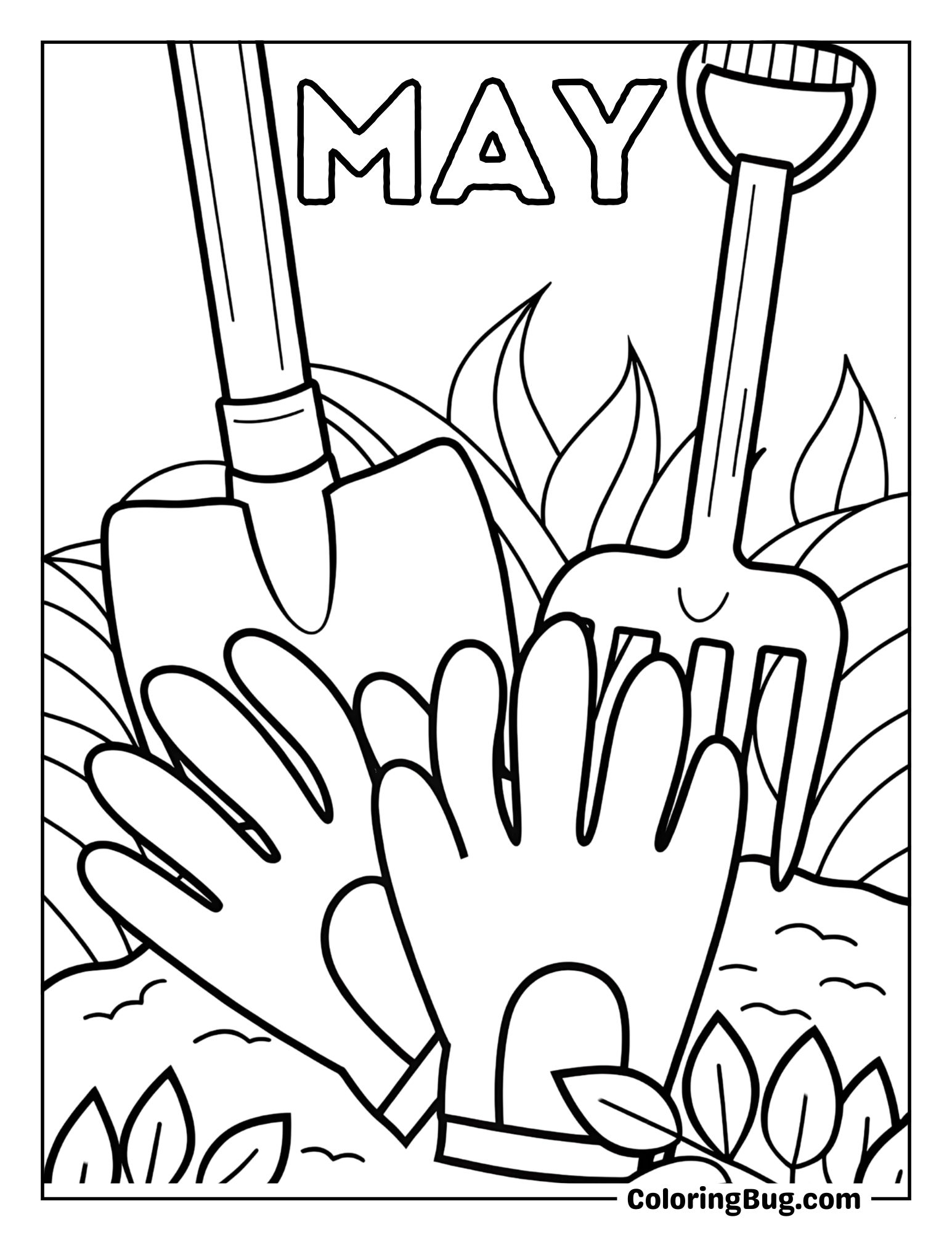 Set of Gardening Tools Resting on a Bed of Dirt Coloring Sheet