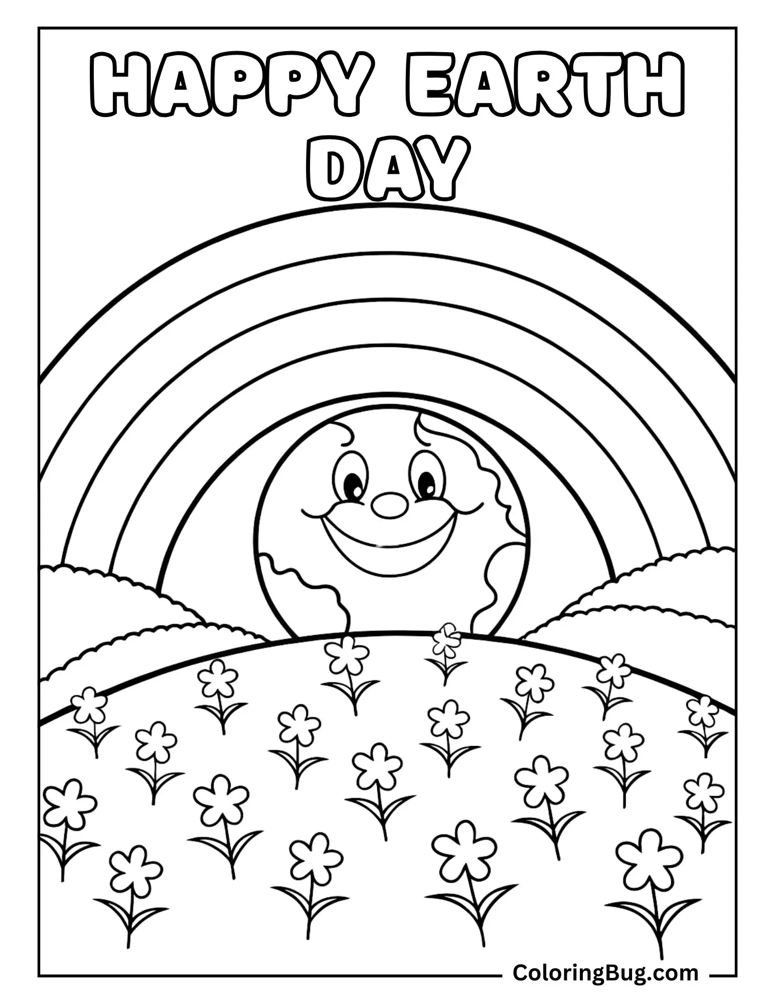 Smiling Earth With Flowers Meadow And Rainbow Coloring sheet