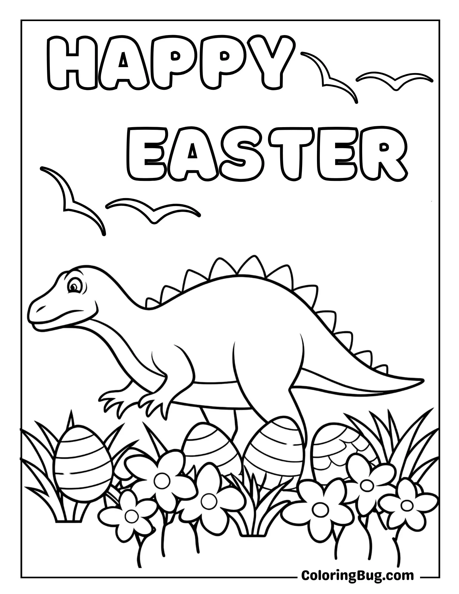 Spinosaurus Surrounded by Easter Lilies and Eggs Coloring Sheet