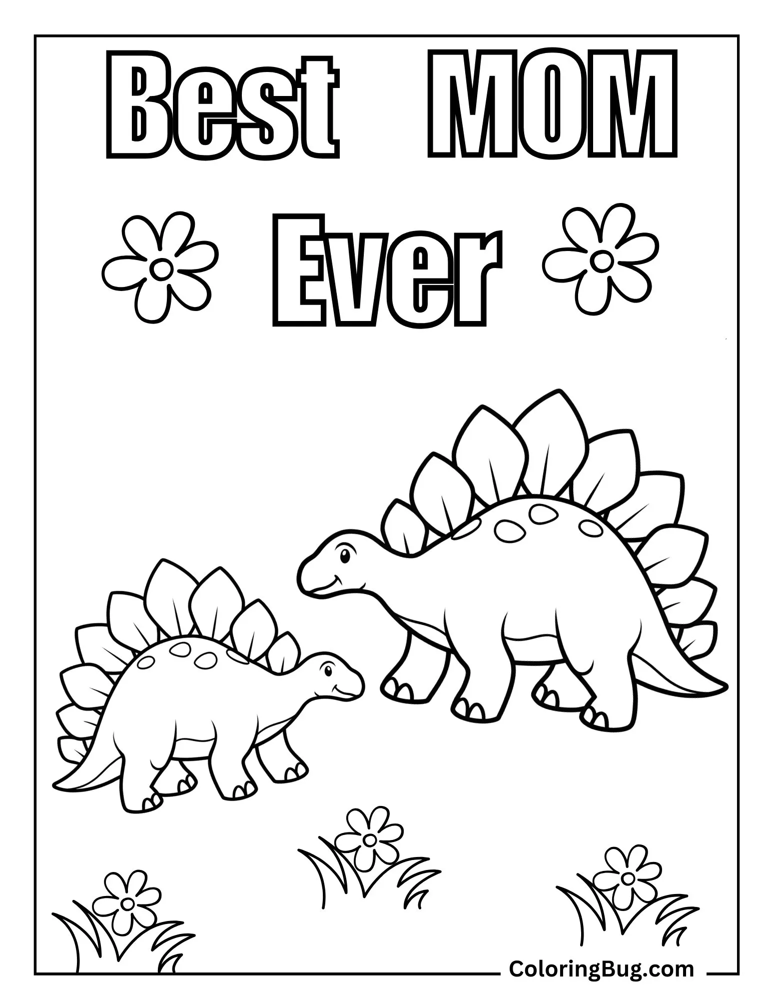 Stegosaurus And Her Baby In Flower Filled Meadow Coloring Sheet