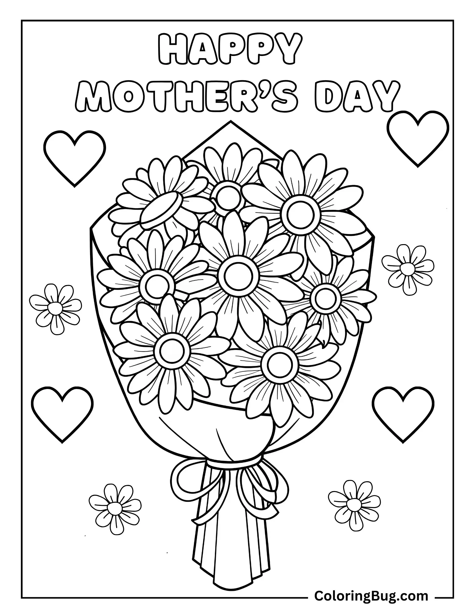 Sun Flowers Bouquet With Text Happy Mother's Day Coloring sheet