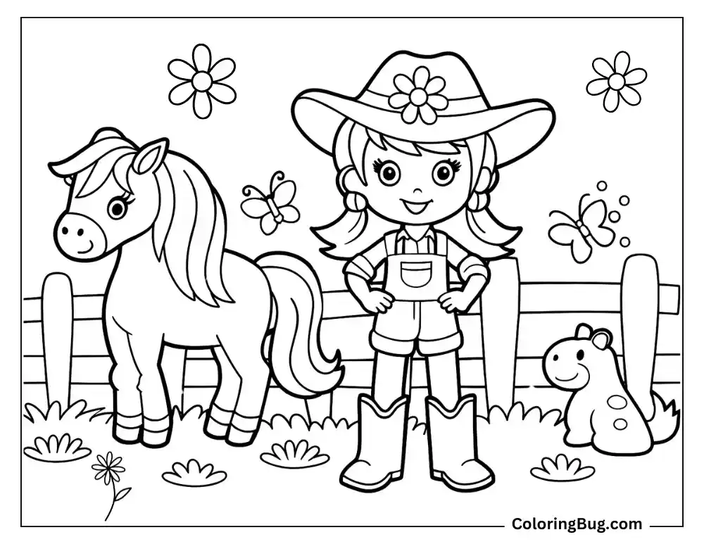 Sweet Cowgirl on the Ranch Coloring Sheet