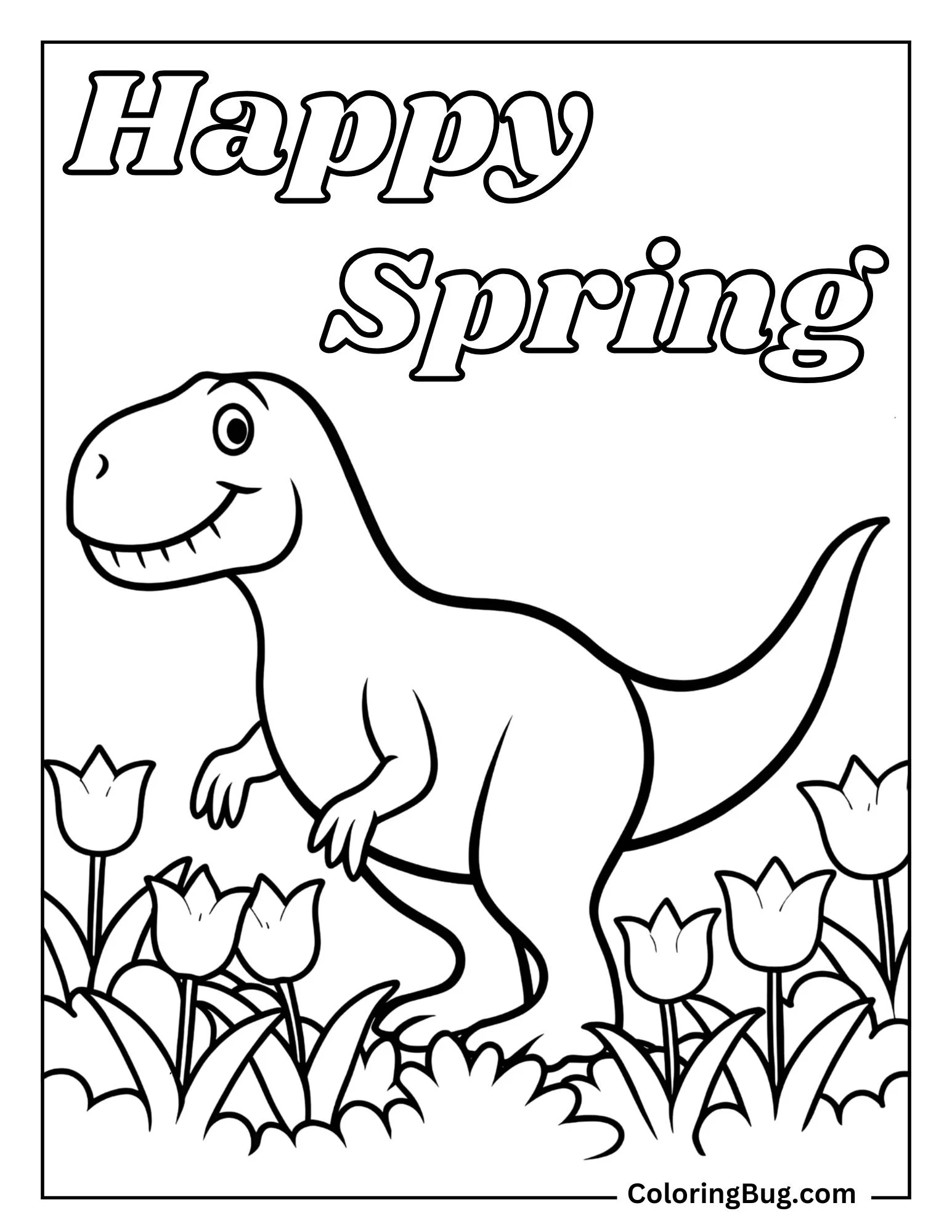 T-Rex Walking Through a Field Of Tulips With Text Coloring Sheet