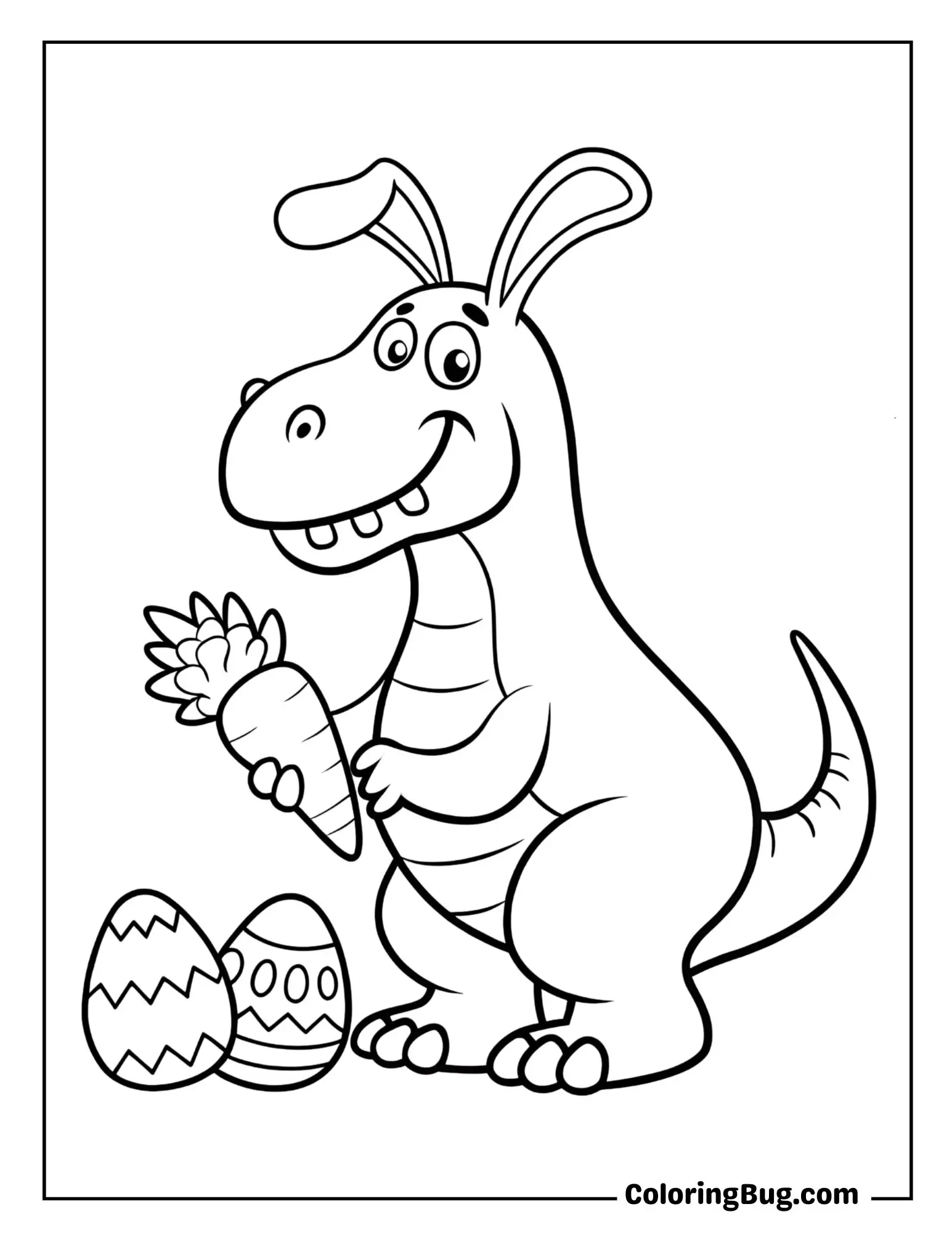 T-Rex Wearing Bunny Ears and Holding a Carrot Coloring Sheet