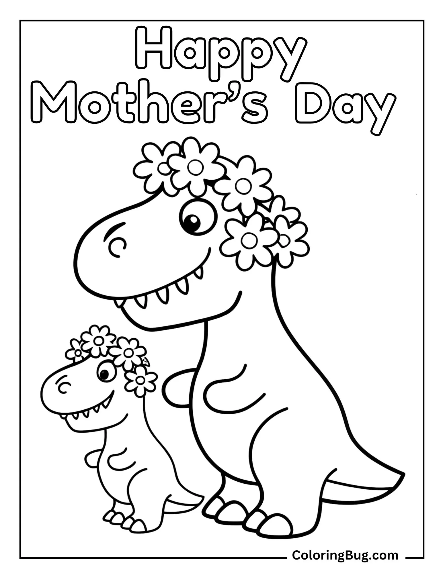 T-Rex With Her Baby Wearing Flower Crowns Coloring Sheet
