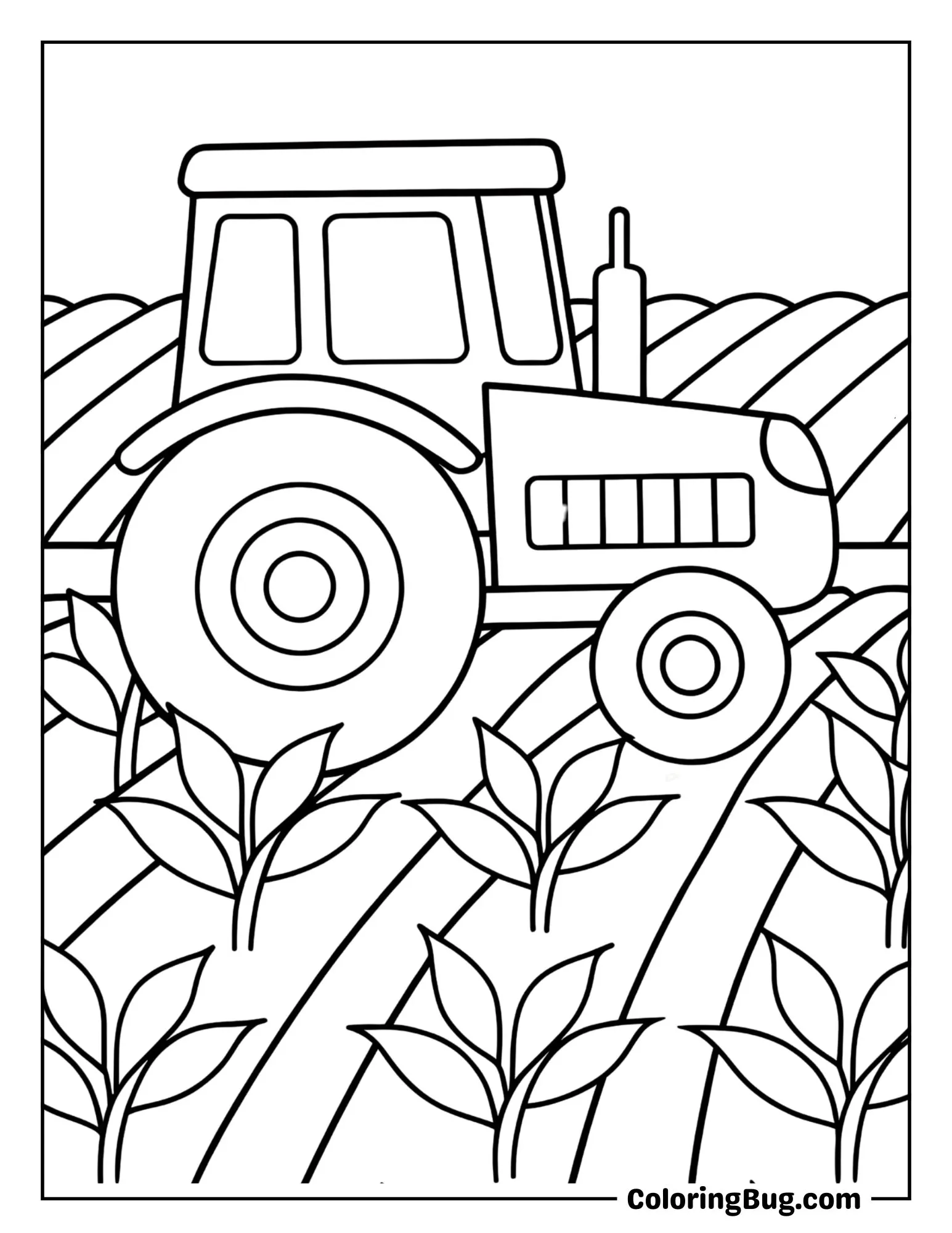 Tractor Plowing Fields with Green Sprouts Coloring Sheet
