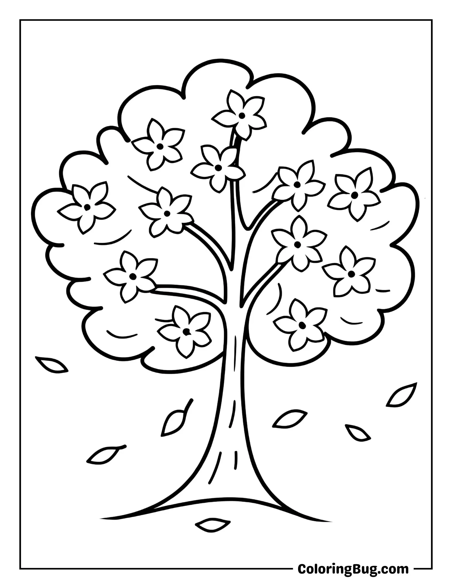 Tree Covered with Cherry Blossoms in Full Bloom Coloring Sheet