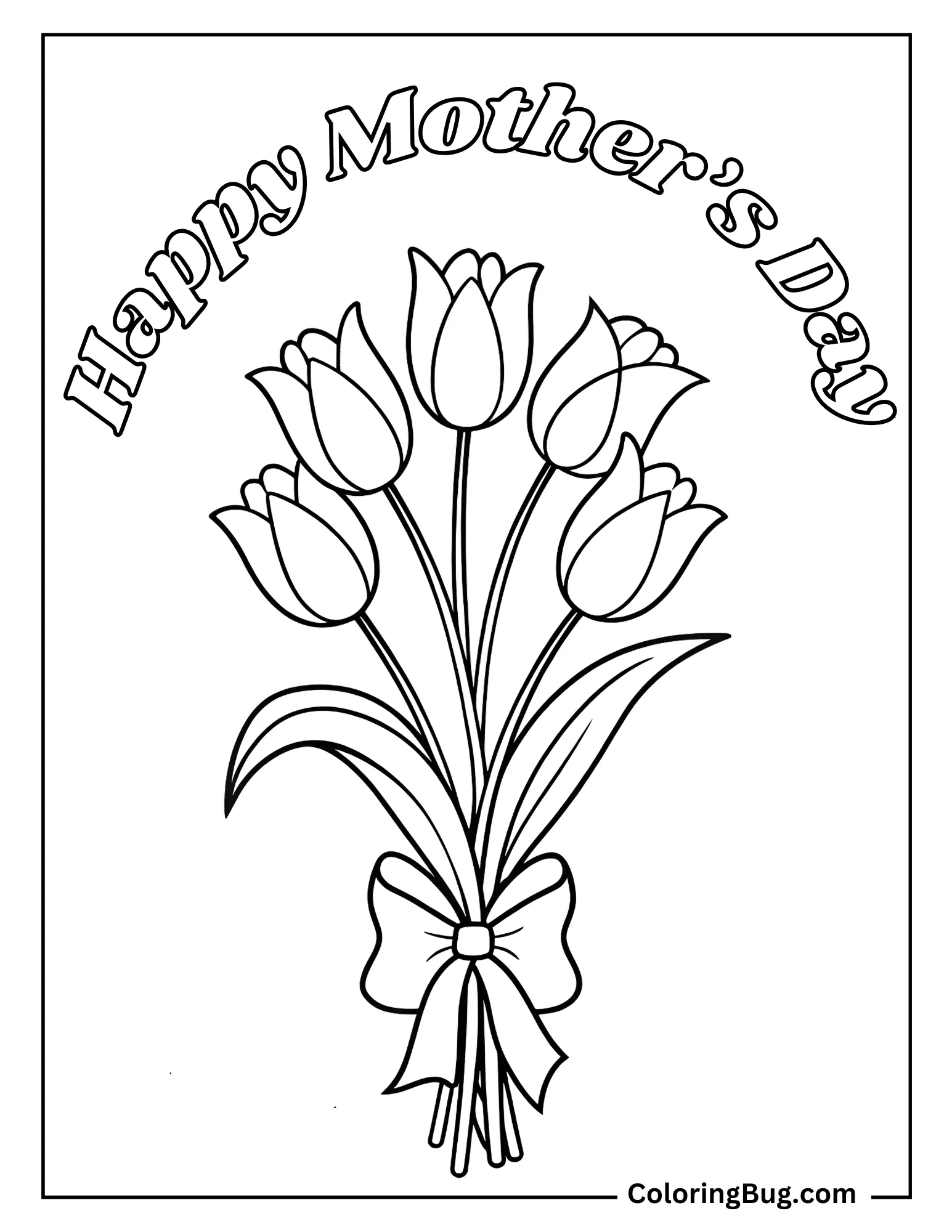 Tulips Bouquet With Happy Mother's Day Text Coloring sheet