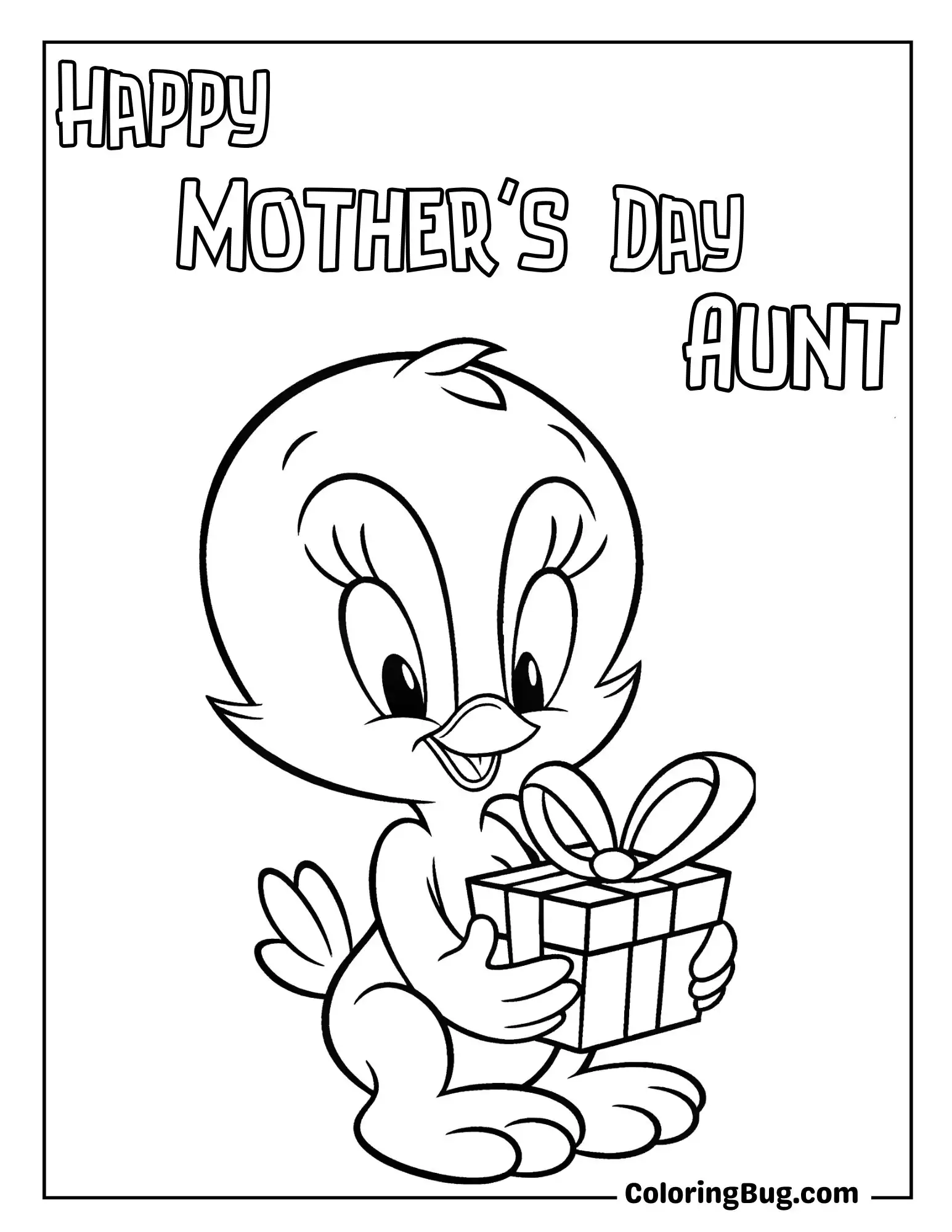 Tweety Holding Gift For Aunt Coloring Sheet