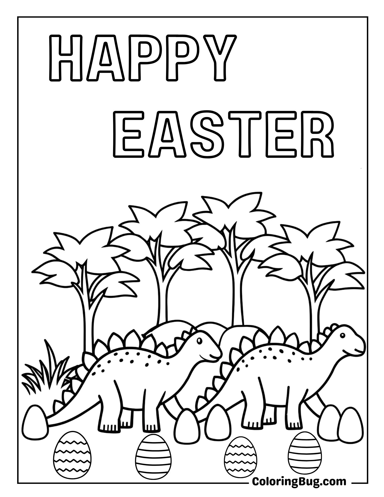 Two Dinosaurs Gathering Eggs in a Forest Coloring Sheet