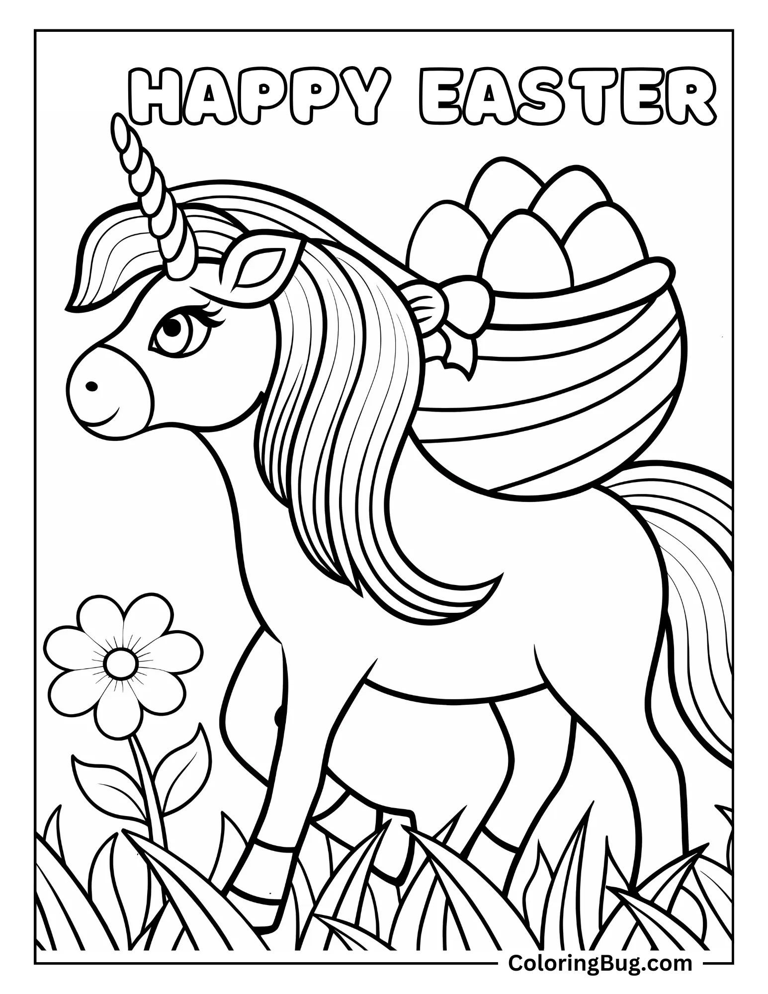 Unicorn Carrying Easter Eggs on Its Back Coloring sheet