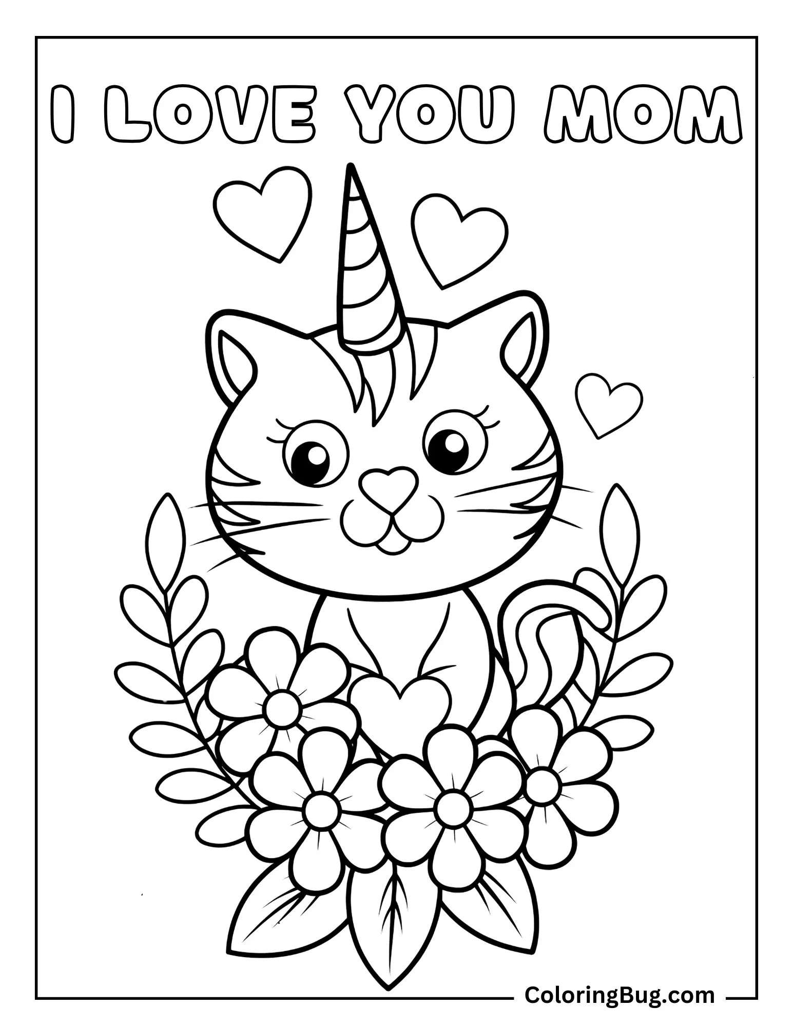 Unicorn Cat With Hearts And Flowers Coloring Sheet