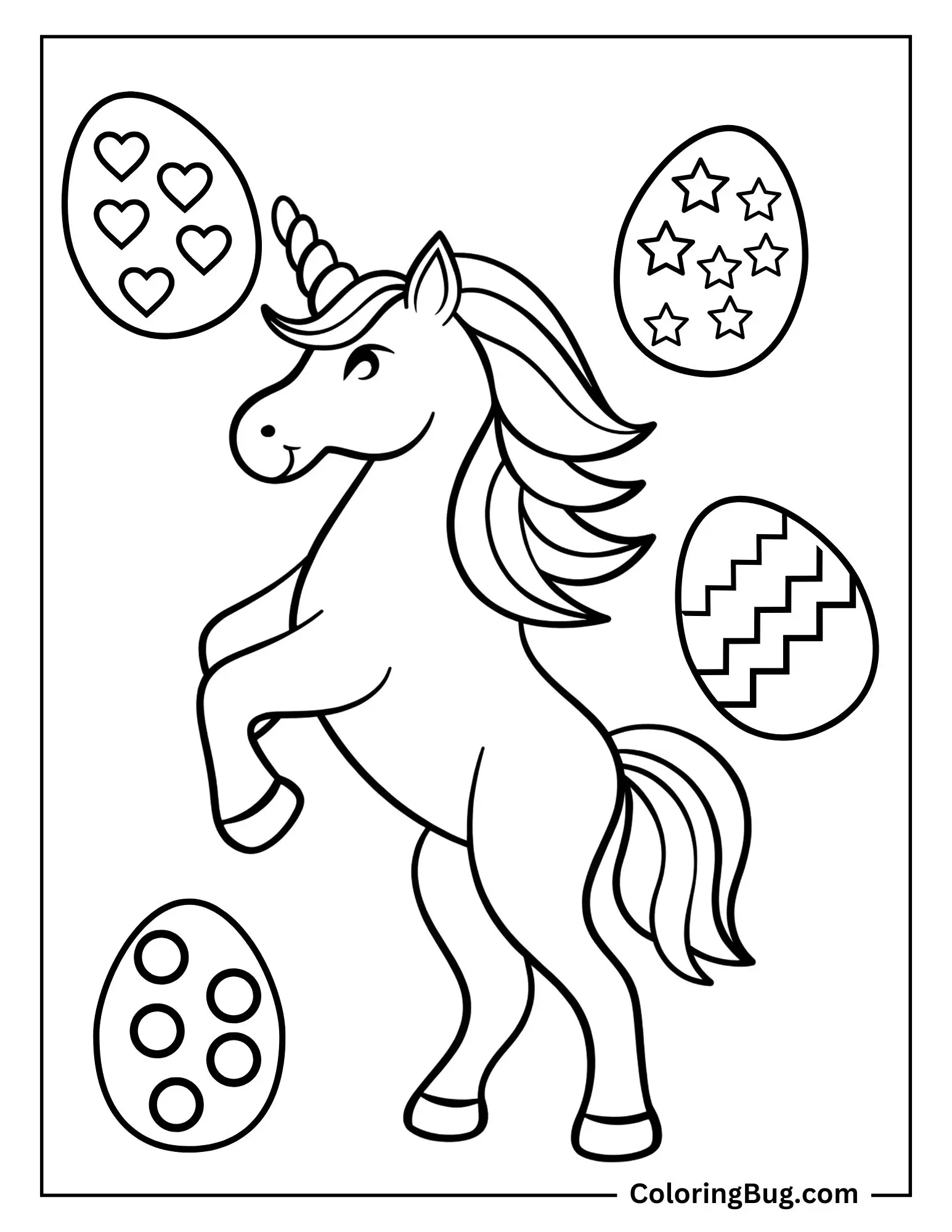 Unicorn Dancing And Surrounded By Easter Eggs  Coloring Sheet