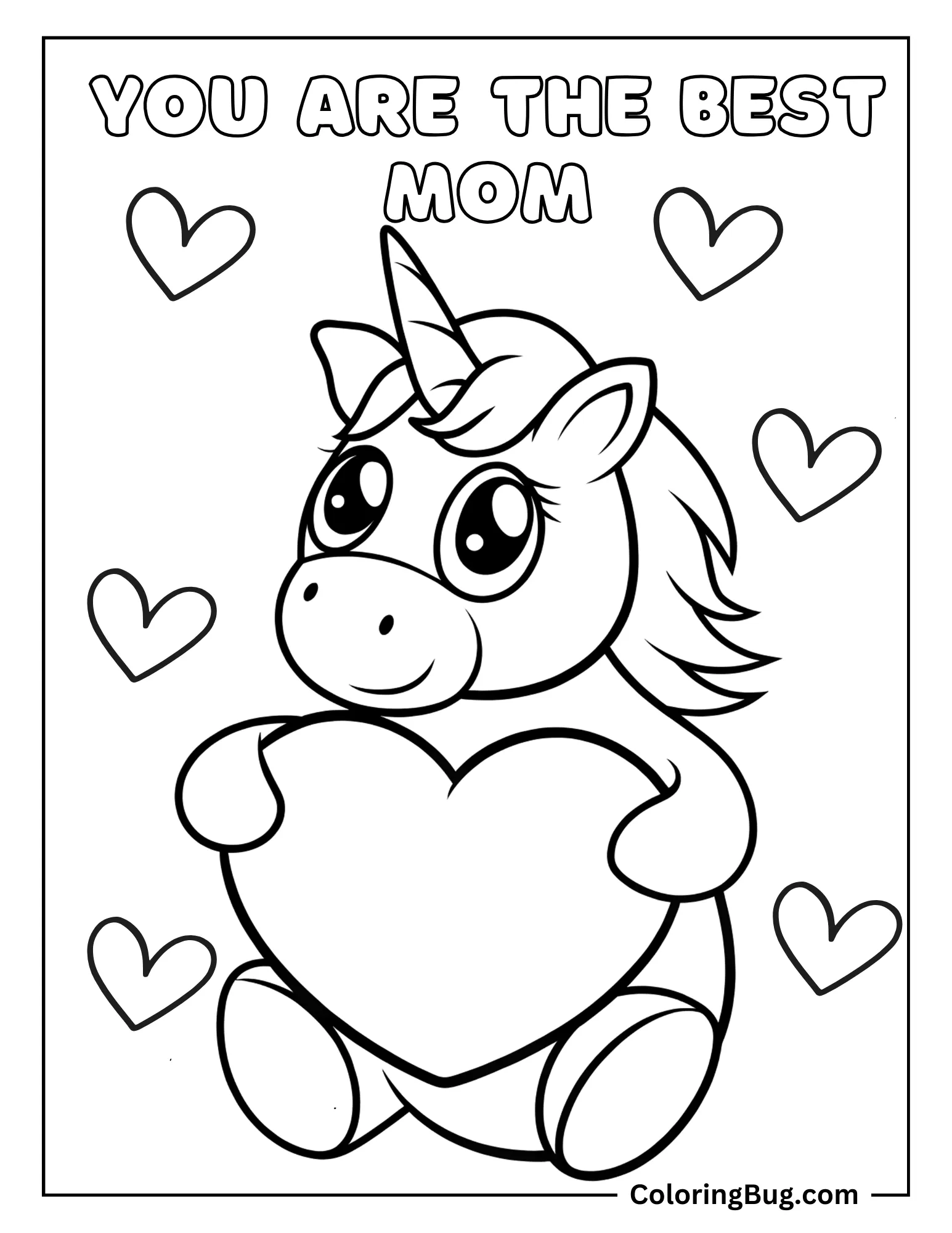Unicorn Holding Heart With Text Happy Mother's Day Coloring sheet