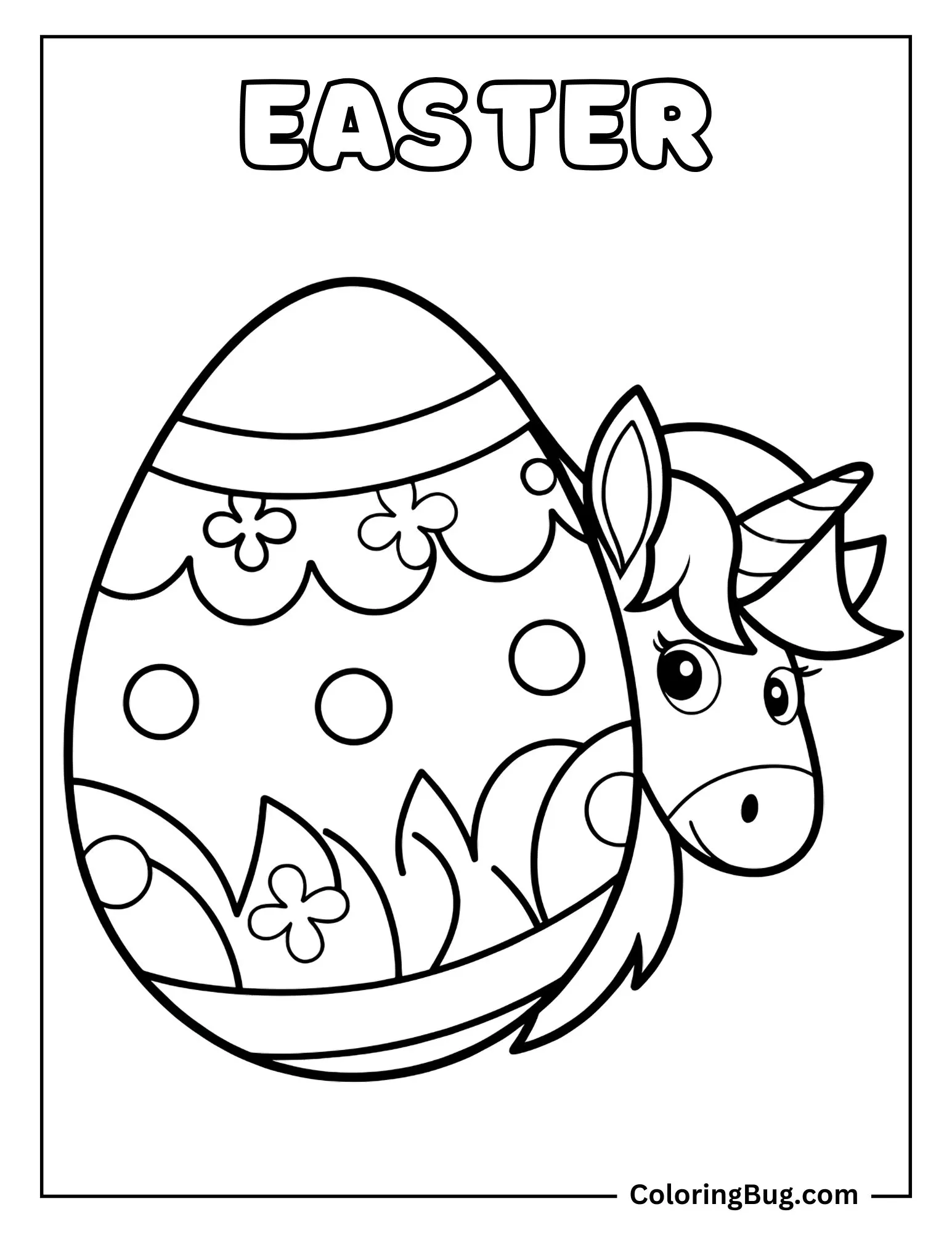 Unicorn Peeking Out Behind Giant Easter Egg Coloring Sheet (1)