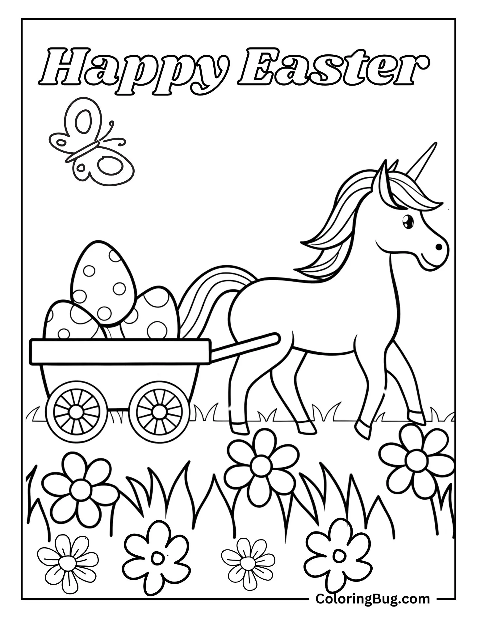 Unicorn Pulling Sled of Easter Eggs Coloring Sheet
