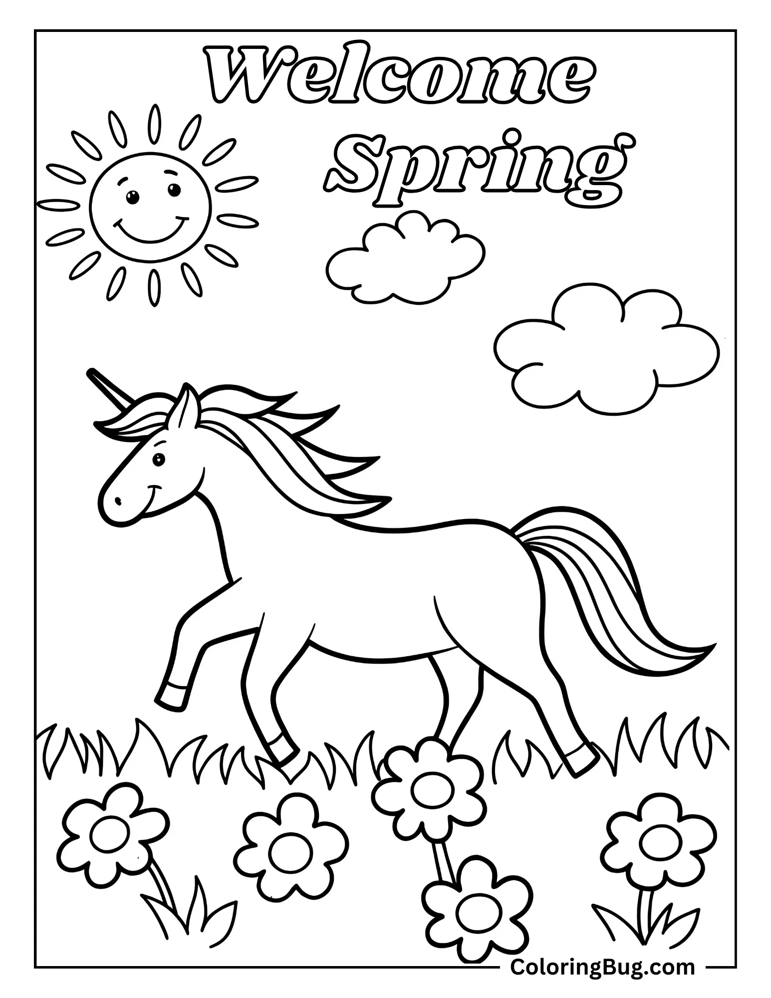 Unicorn Running Through Spring Meadow Coloring sheet