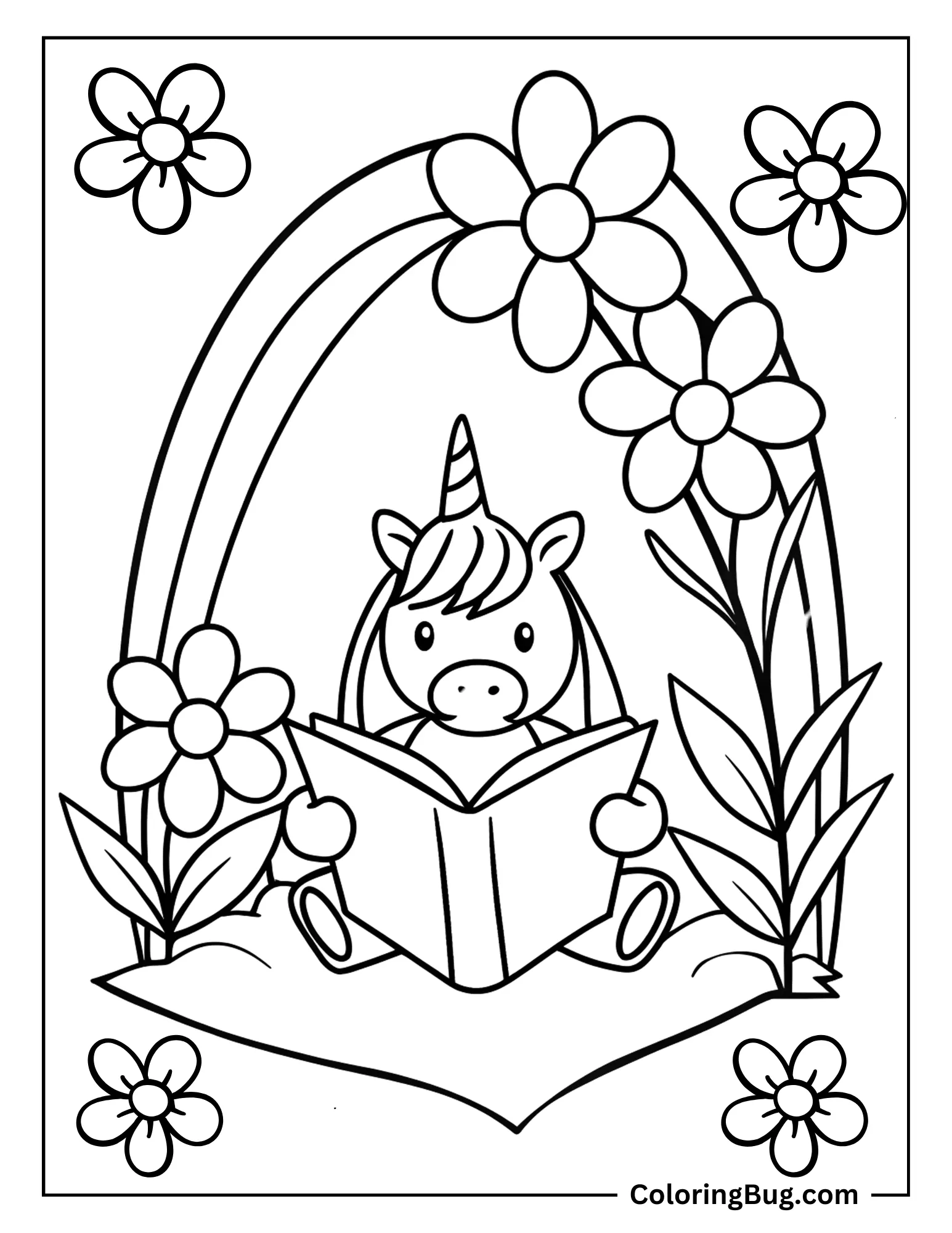 Unicorn Sitting in Cozy Nook Reading a Book Surrounded By Blooming Spring Flowers Coloring sheet