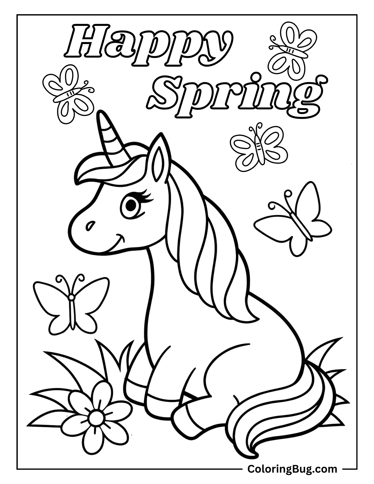 Unicorn Sitting in Garden With Butterflies Coloring sheet