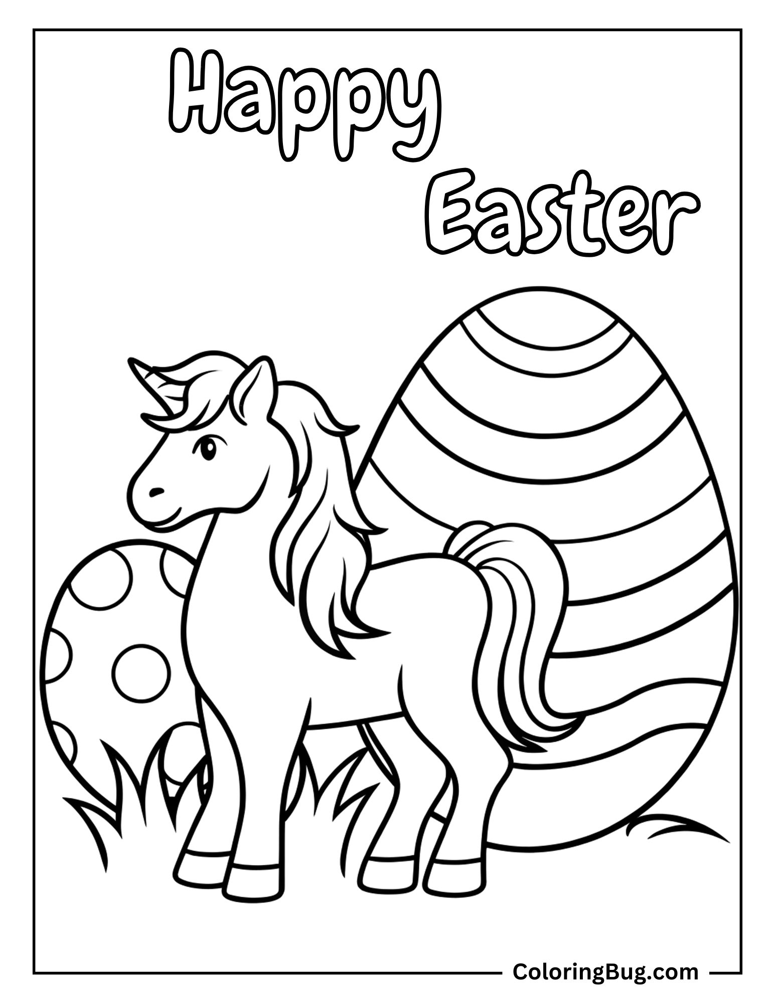 Unicorn Standing Near Big Easter Eggs Coloring Sheet