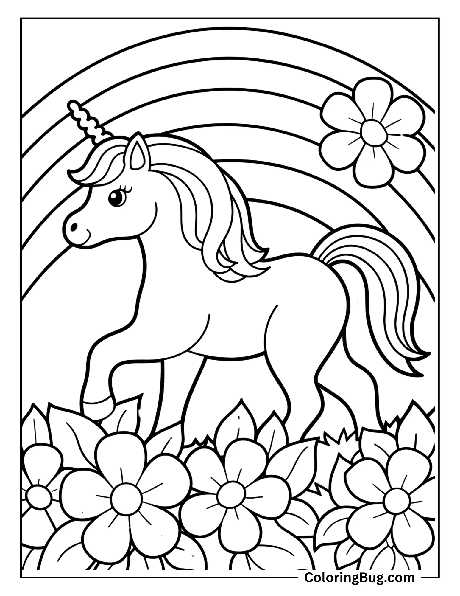 Unicorn With Big Spring Flowers And Rainbow Coloring sheet
