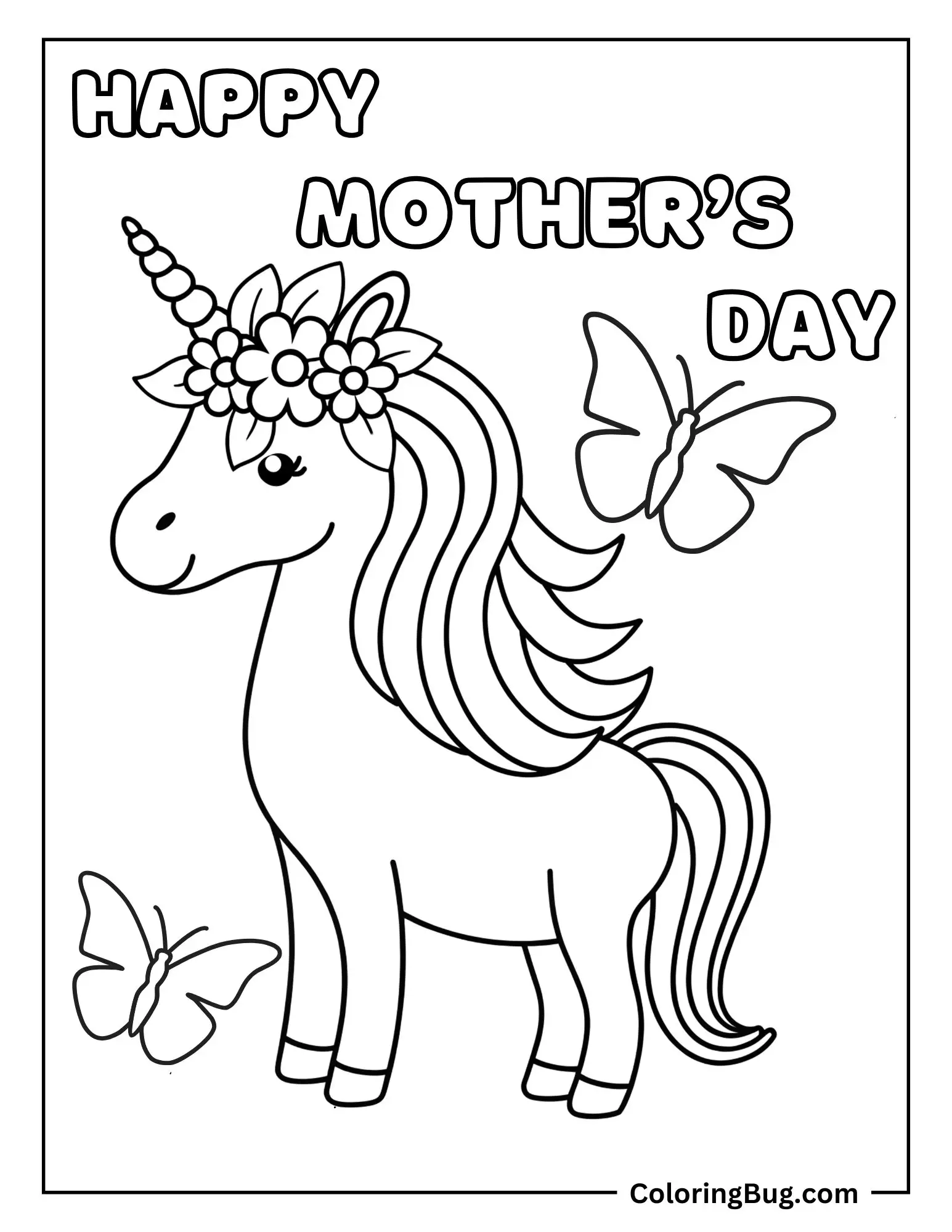 Unicorn With Butterflies And Text Happy Mother's Day Coloring Sheet