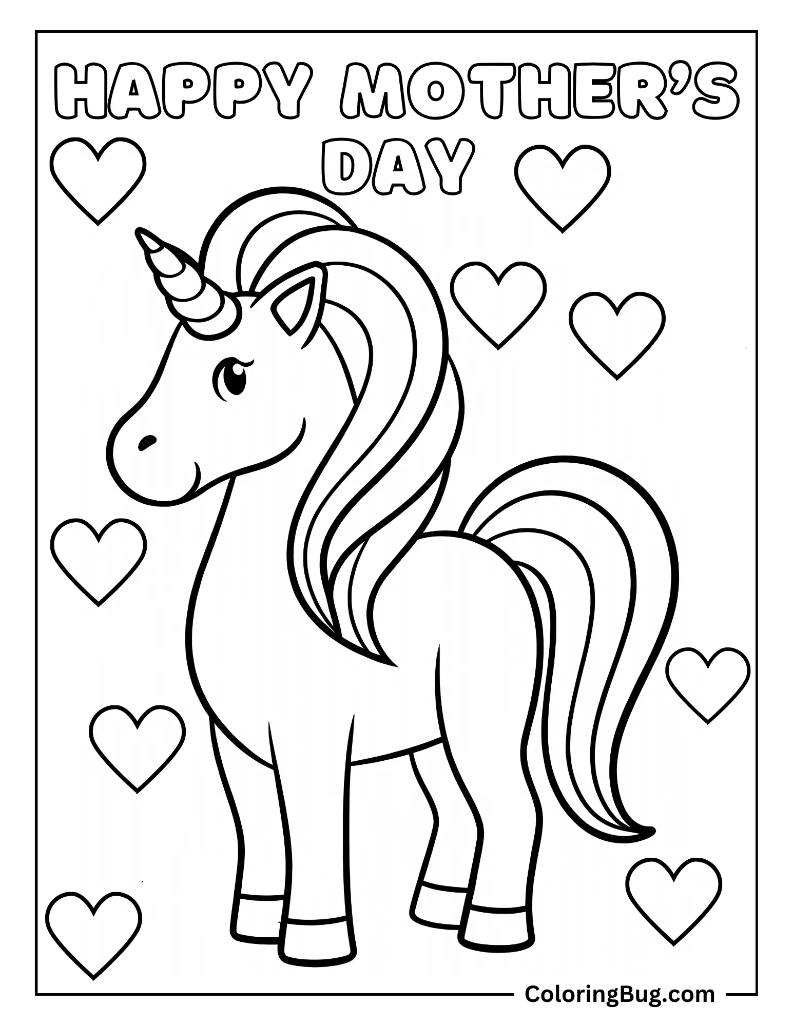 Unicorn With Hearts With Text Happy Mother's Day Coloring sheet