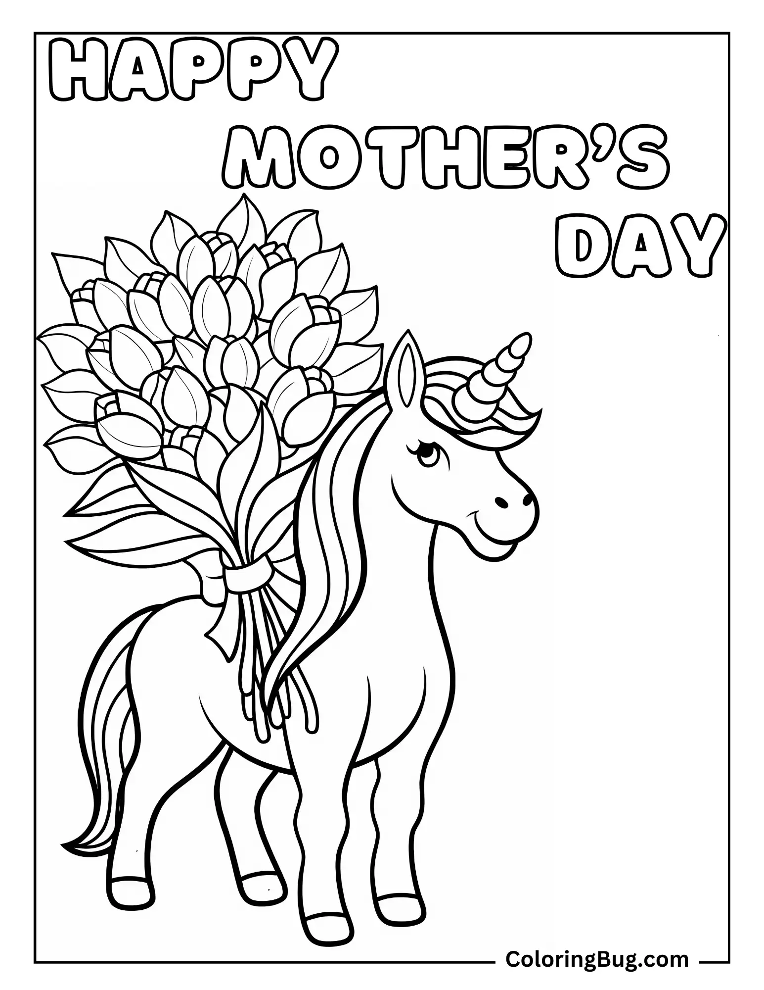 Unicorn With Tulips Bouquet For Mom Coloring sheet