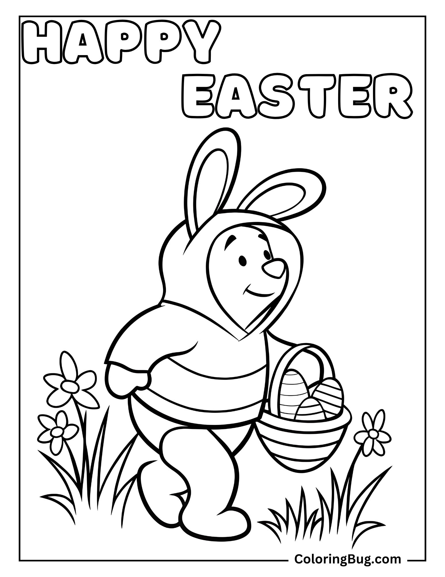 Winnie The Pooh Holding easter Eggs Basket And Running Coloring Page