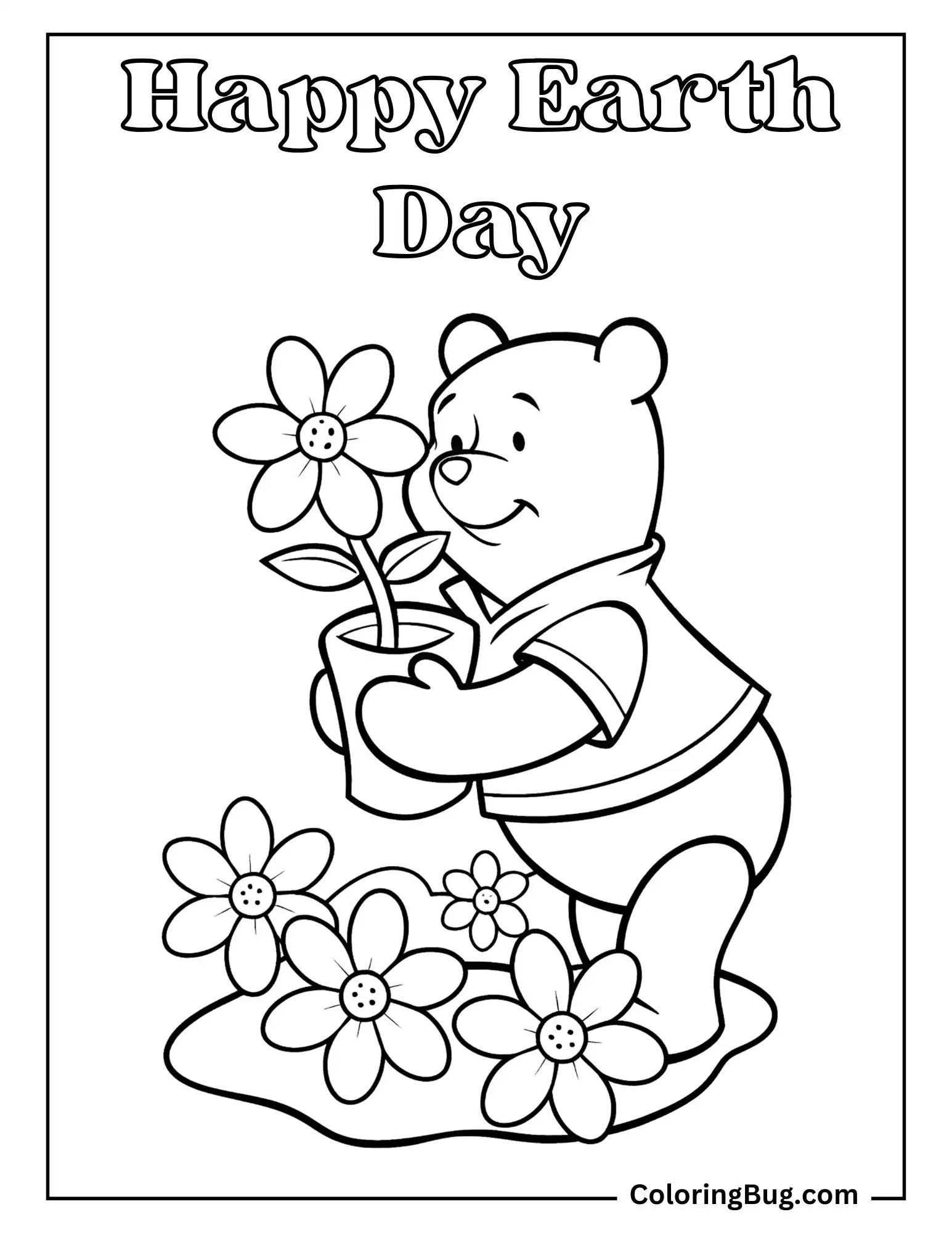 Winnie The Pooh Planting Flower Plants in Pot Coloring sheet