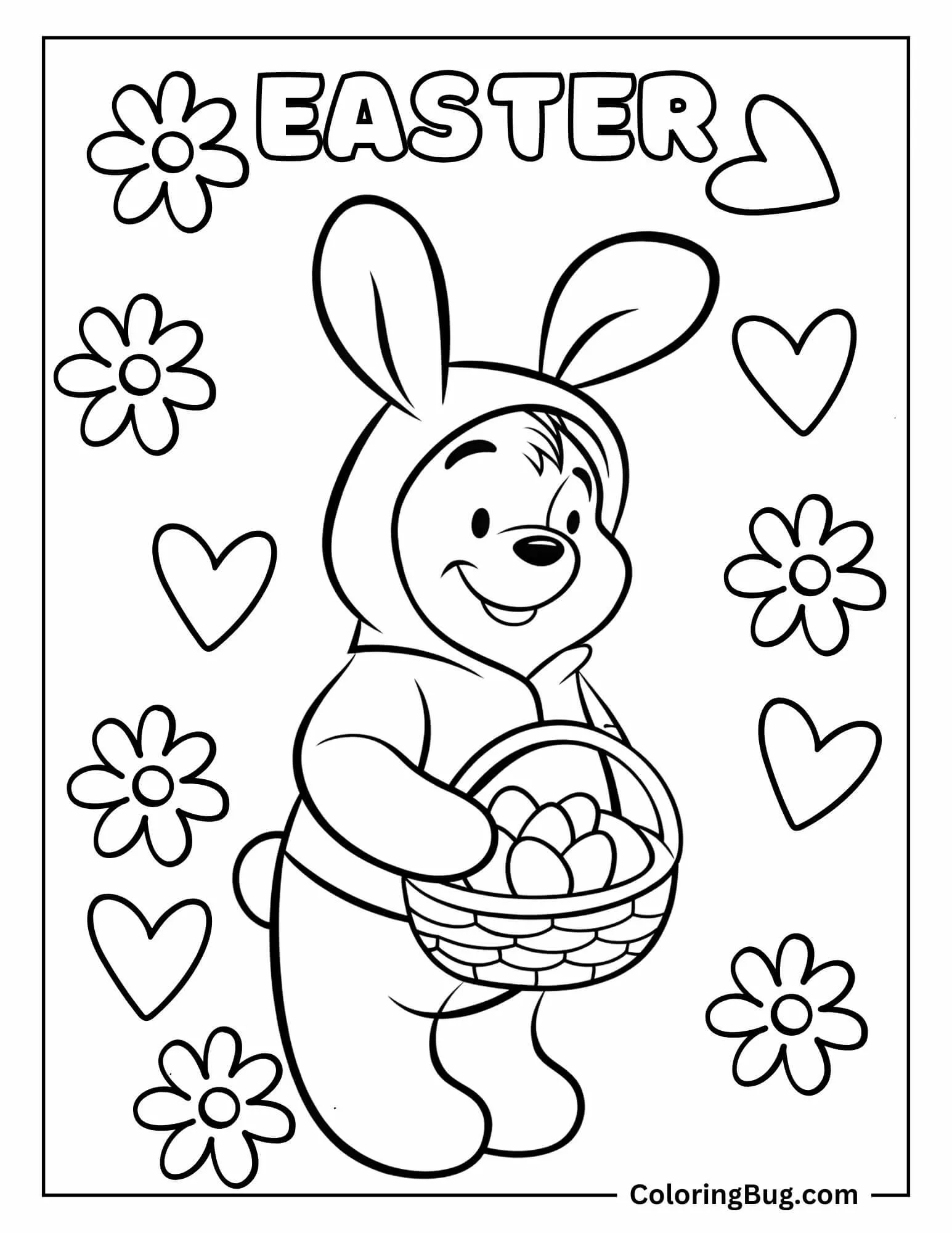 Winnie The Pooh Wearing Bunny Costume Holding Basket of Easter Eggs Coloring Sheet
