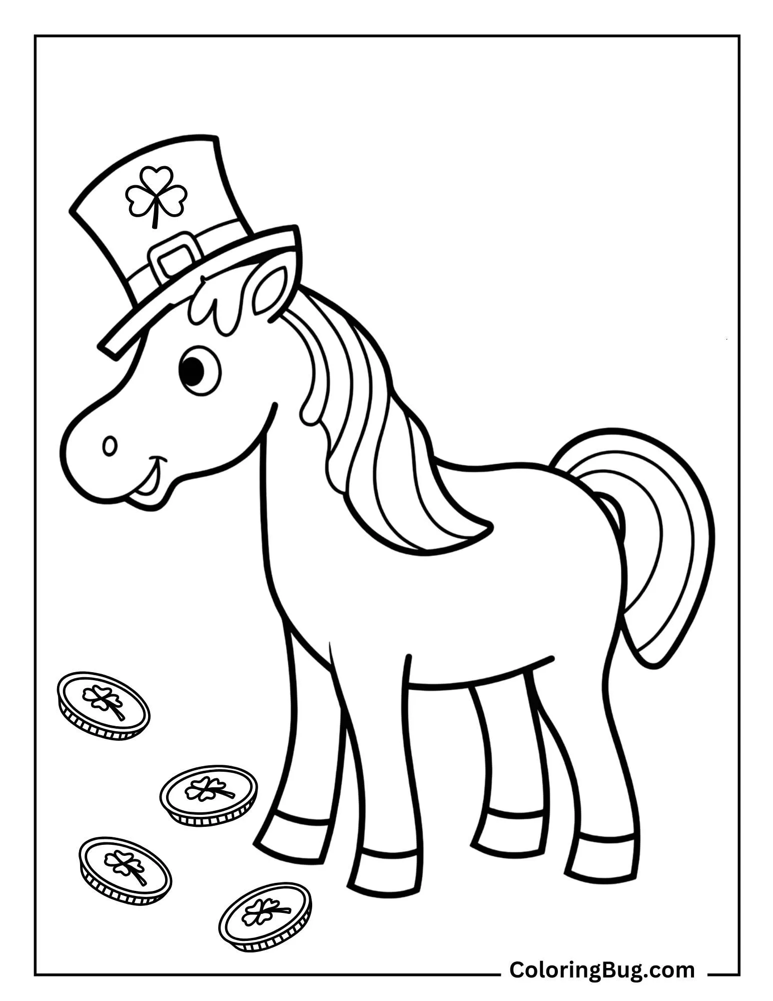 horse Wearing a Tiny Leprechaun Hat With Gold Coins Nearby Coloring Sheet