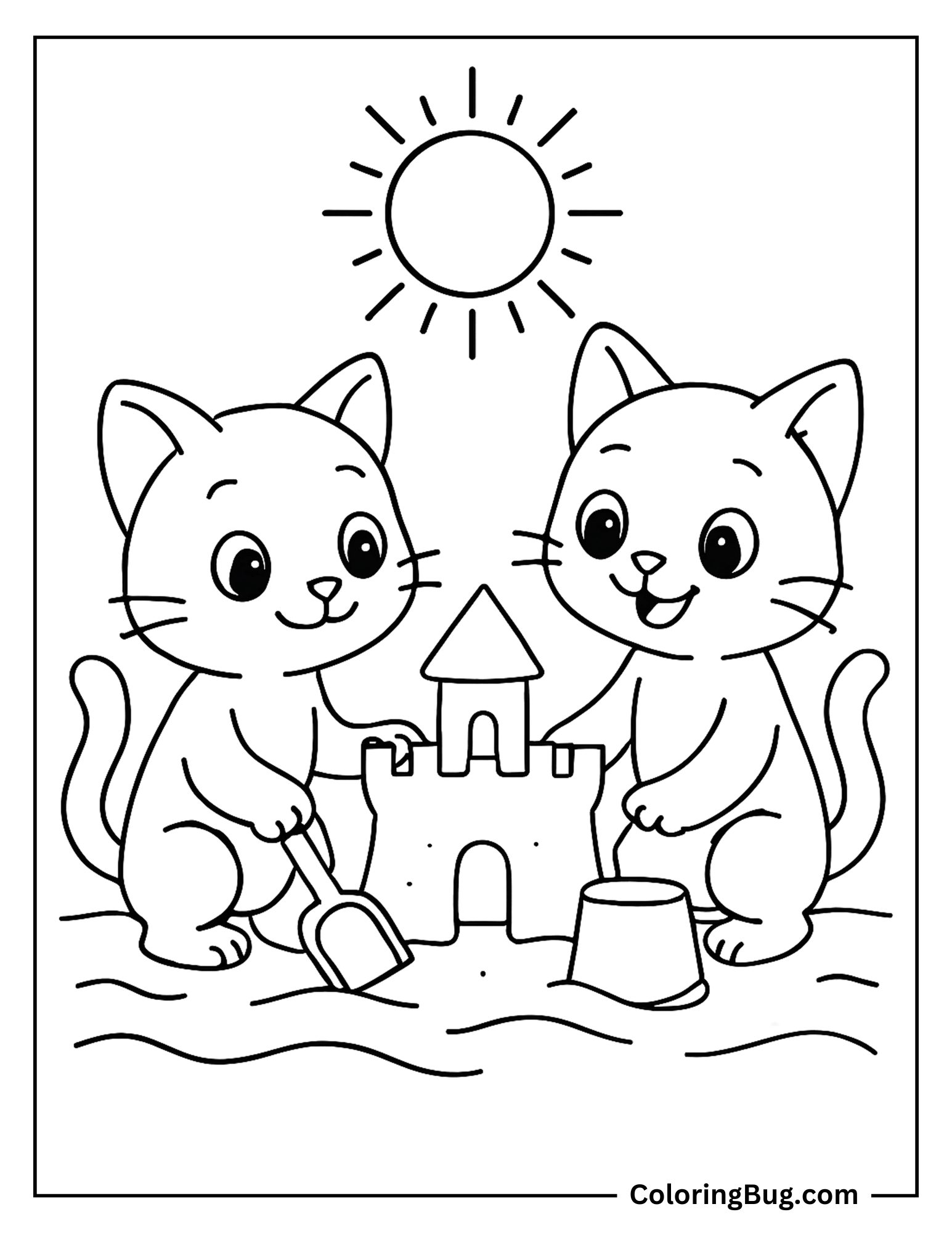 2 Cute Kittens Making Sand Castle Coloring Sheet