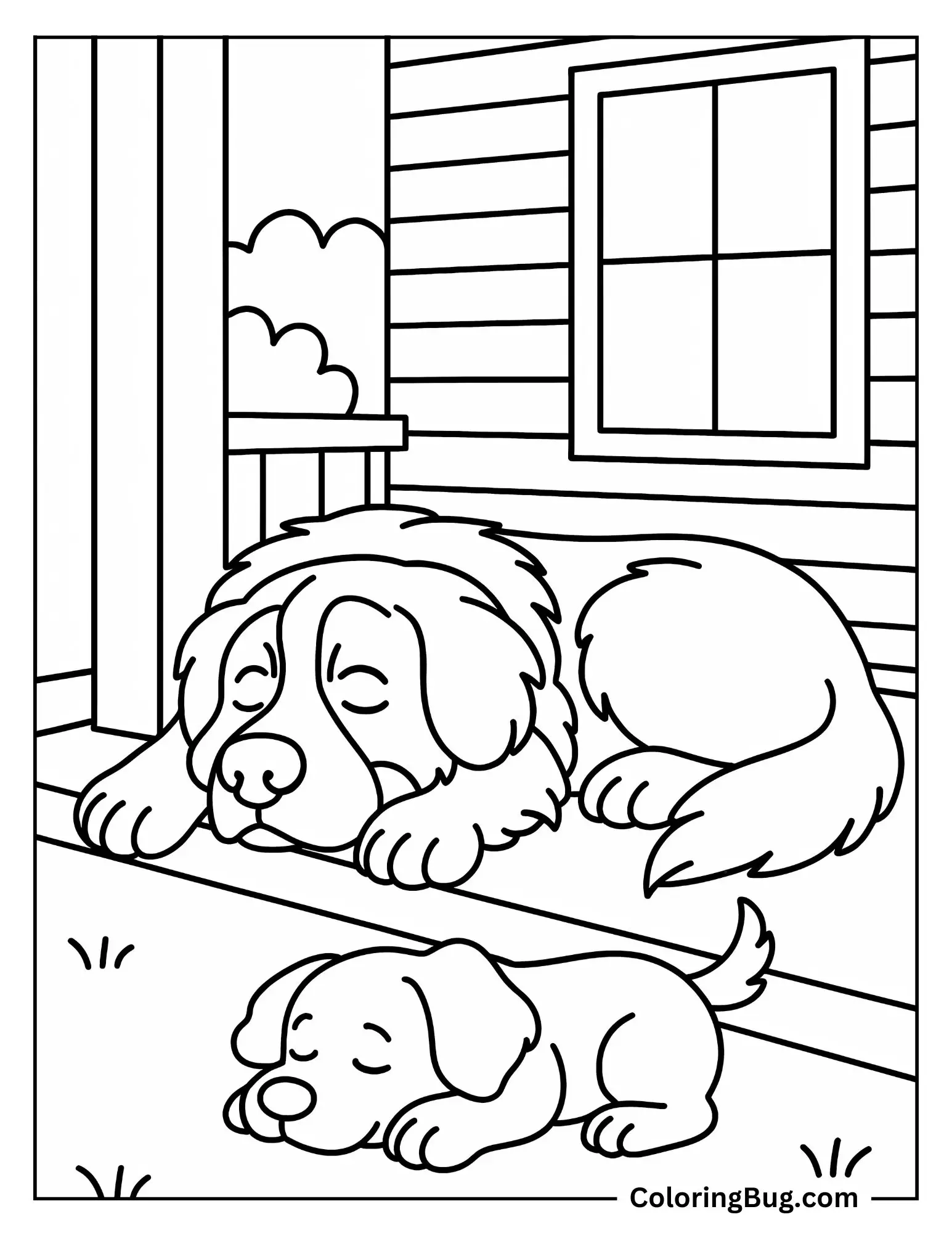 2 Dogs Napping in Porch Coloring sheet