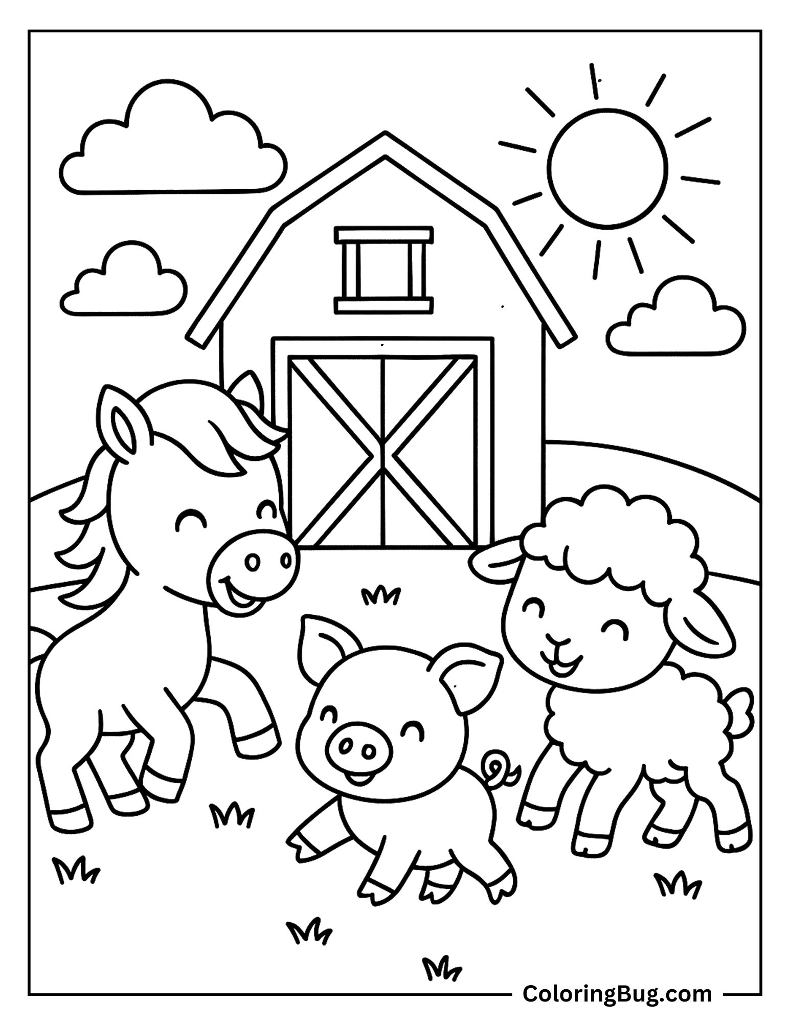 Baby Horse Playing With Farm Animals on Sunny Day Coloring Sheet